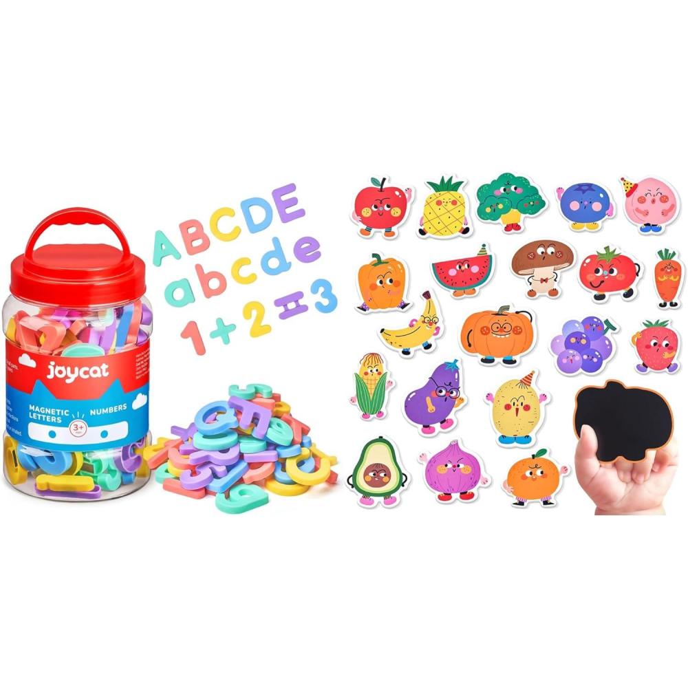 JoyCat Wooden Fridge Magnets for Toddlers-Letters and Numbers & Fruits & Vegetables Food Cartoon Magnets