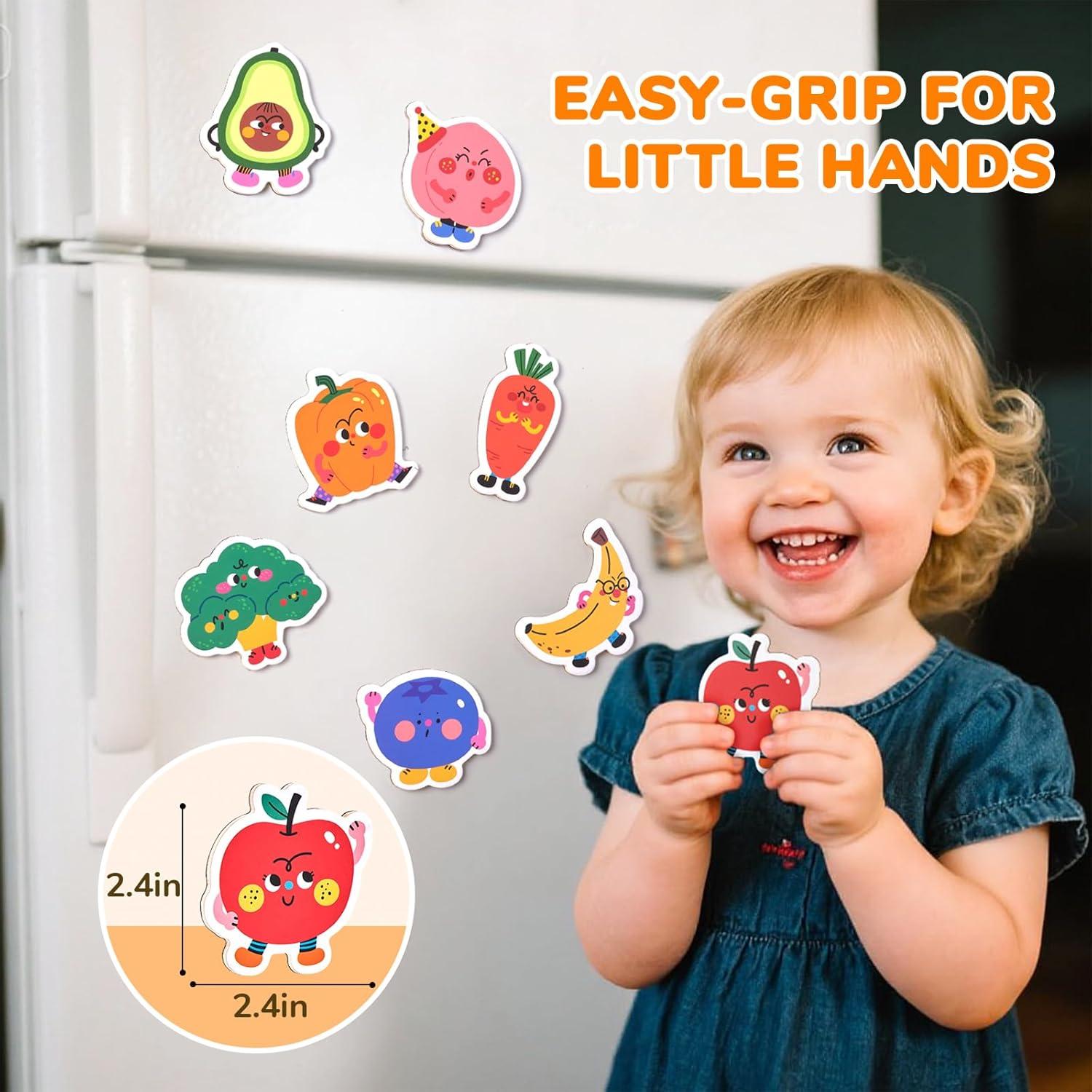 JoyCat Wooden Fridge Magnets for Toddlers-Letters and Numbers & Fruits & Vegetables Food Cartoon Magnets