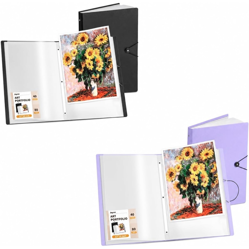 JoyCat Art Portfolio Binder Black +Purple Fits 12″x18″,40 Pockets Art Folder with Clear View Pages, 80 Sheets Presentation Binder