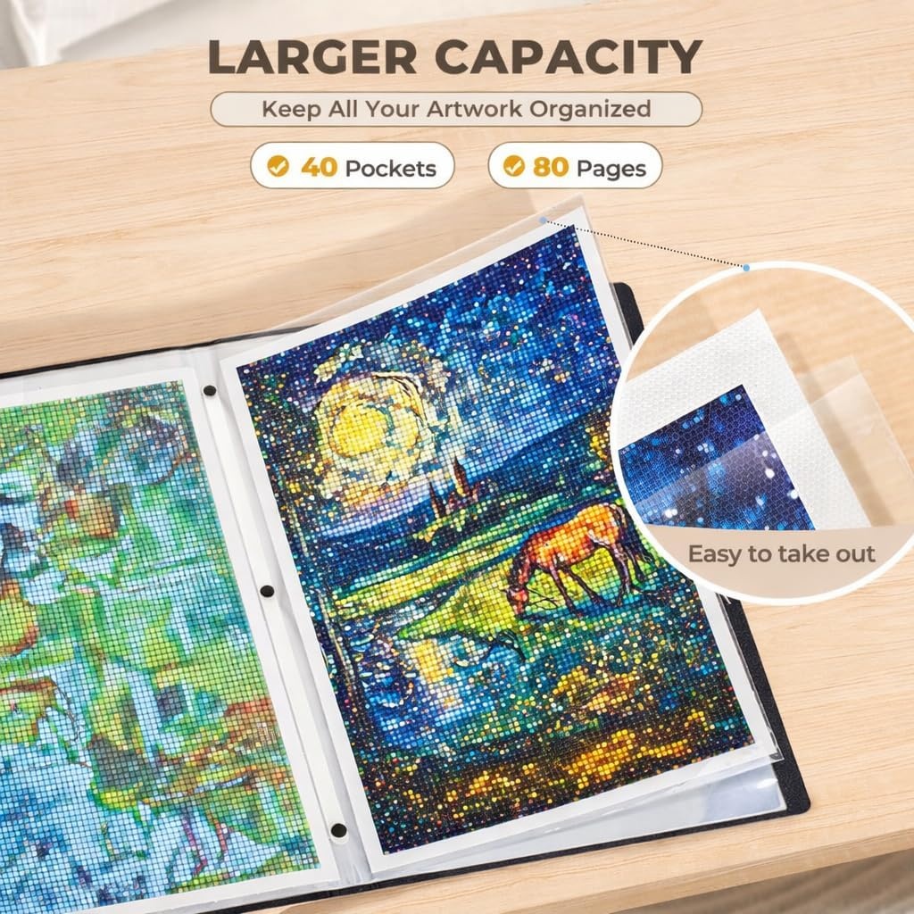 JoyCat Art Portfolio Binder Black +Purple Fits 12″x18″,40 Pockets Art Folder with Clear View Pages, 80 Sheets Presentation Binder
