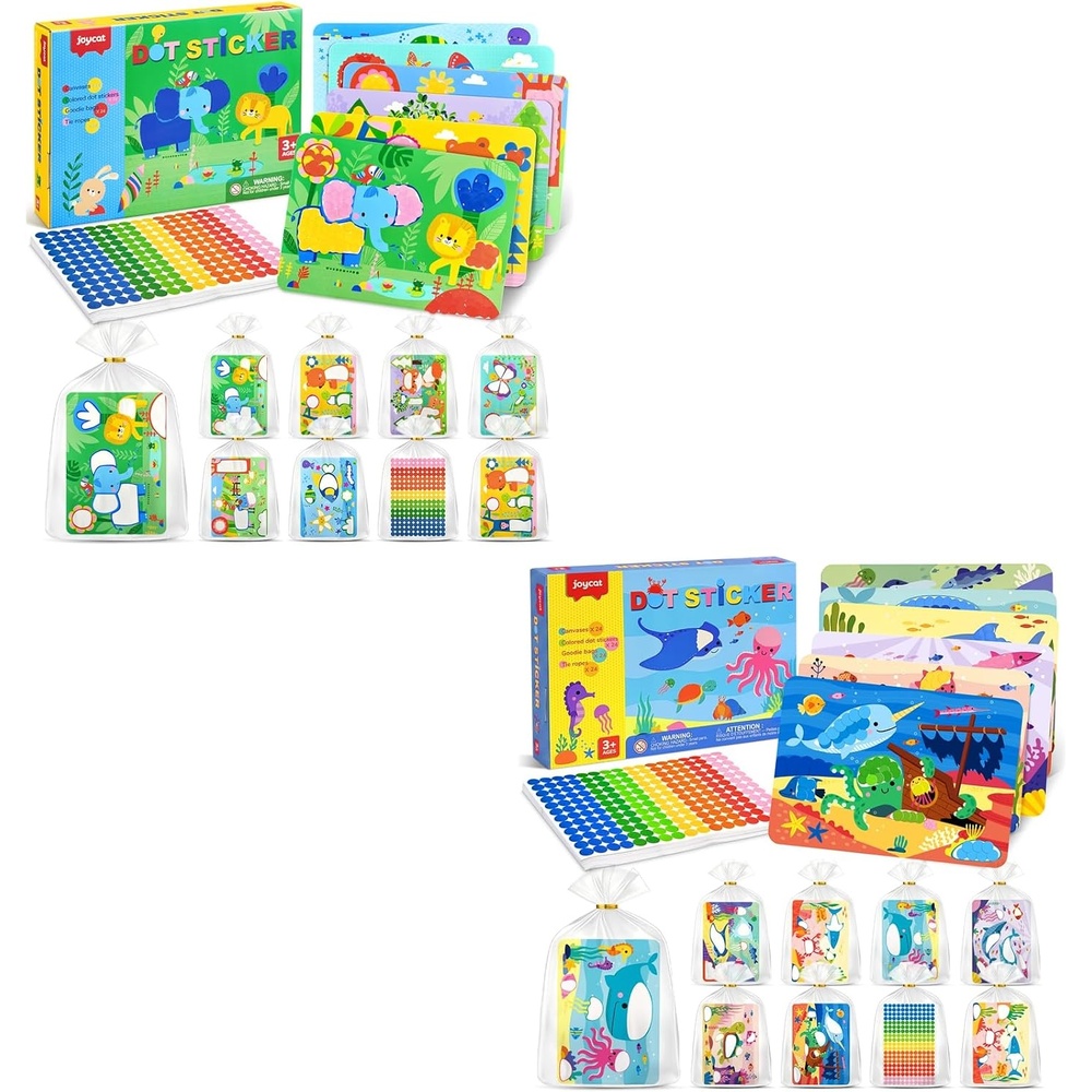 JoyCat 12 Pack Animal+Ocean Dot Art Craft Kits for Kids Party Favors, Mess-Free Dot Sticker Activity Set with 2400+ Stickers & Goodie Bags, Goodie Bag Stuffers Ages 3-8