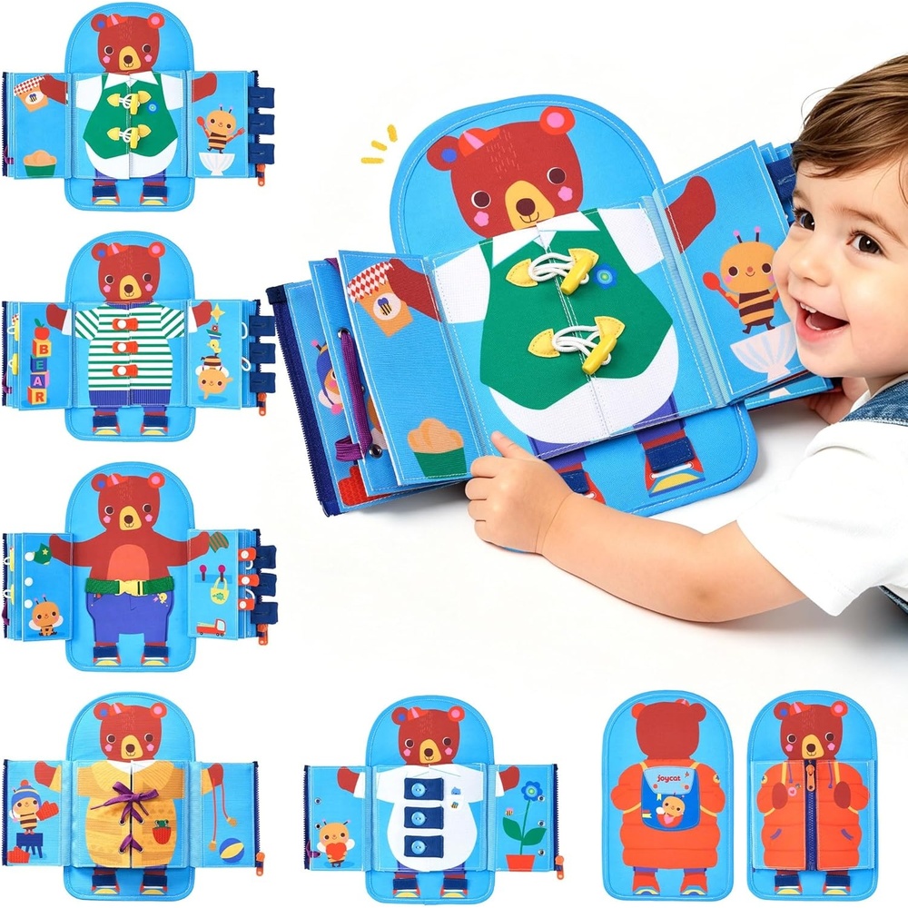 JoyCat Dressing Busy Book for Toddlers 1-3, Montessori Toy with 7 Real Dressing Skills, Fine Motor Skills Toy, Travel Toys for Toddlers, Sensory Life Skills Preschool Learning Gift
