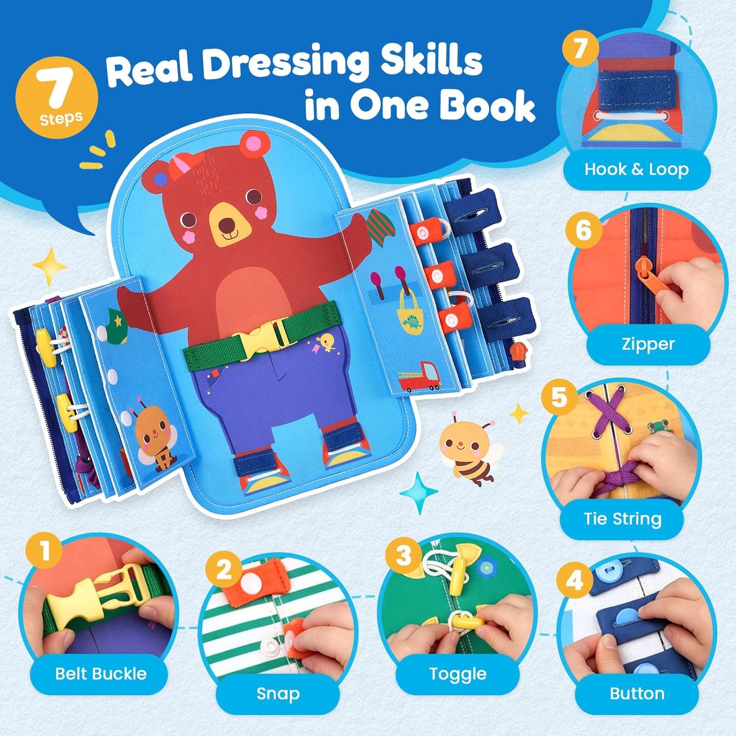 JoyCat Dressing Busy Book for Toddlers 1-3, Montessori Toy with 7 Real Dressing Skills, Fine Motor Skills Toy, Travel Toys for Toddlers, Sensory Life Skills Preschool Learning Gift