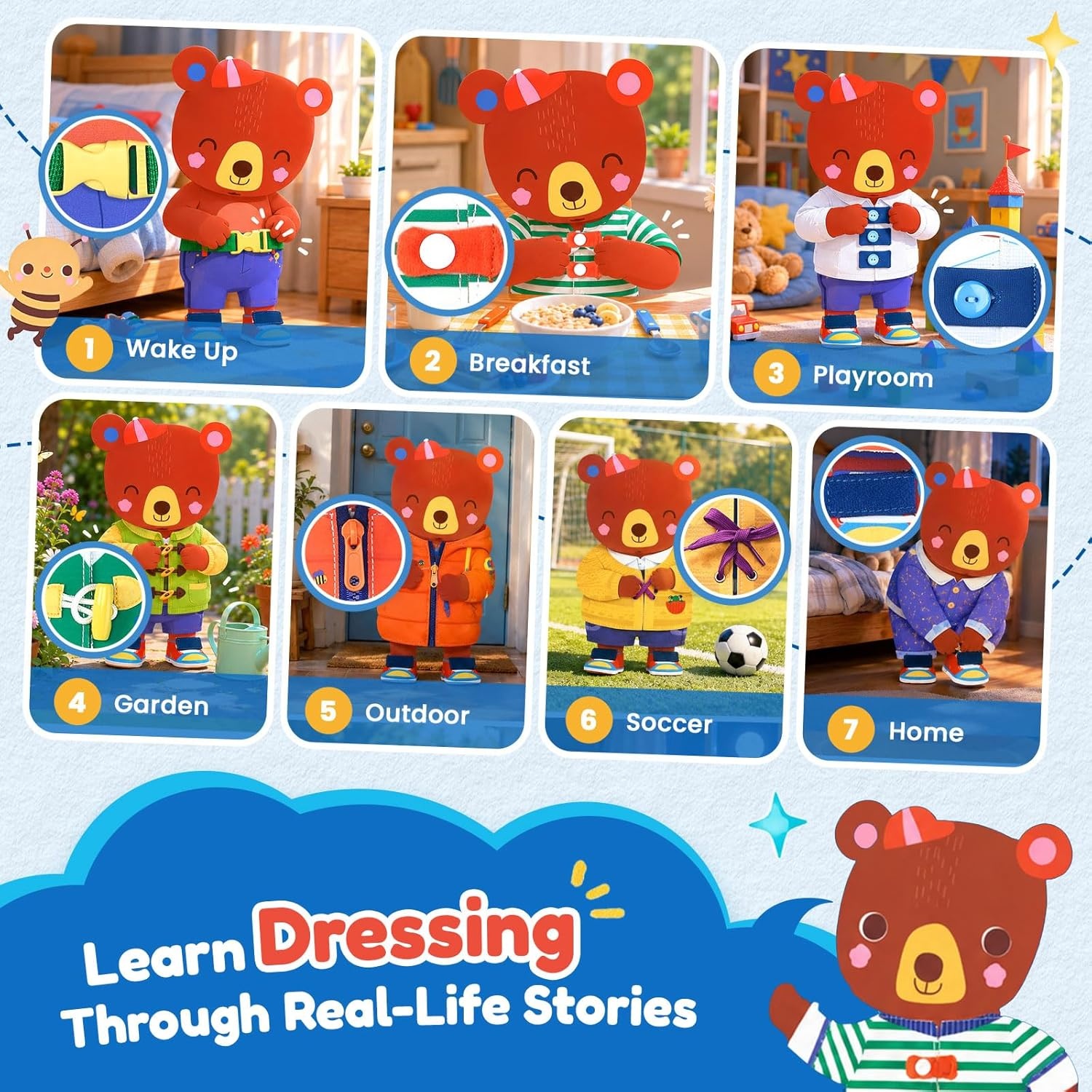 JoyCat Dressing Busy Book for Toddlers 1-3, Montessori Toy with 7 Real Dressing Skills, Fine Motor Skills Toy, Travel Toys for Toddlers, Sensory Life Skills Preschool Learning Gift