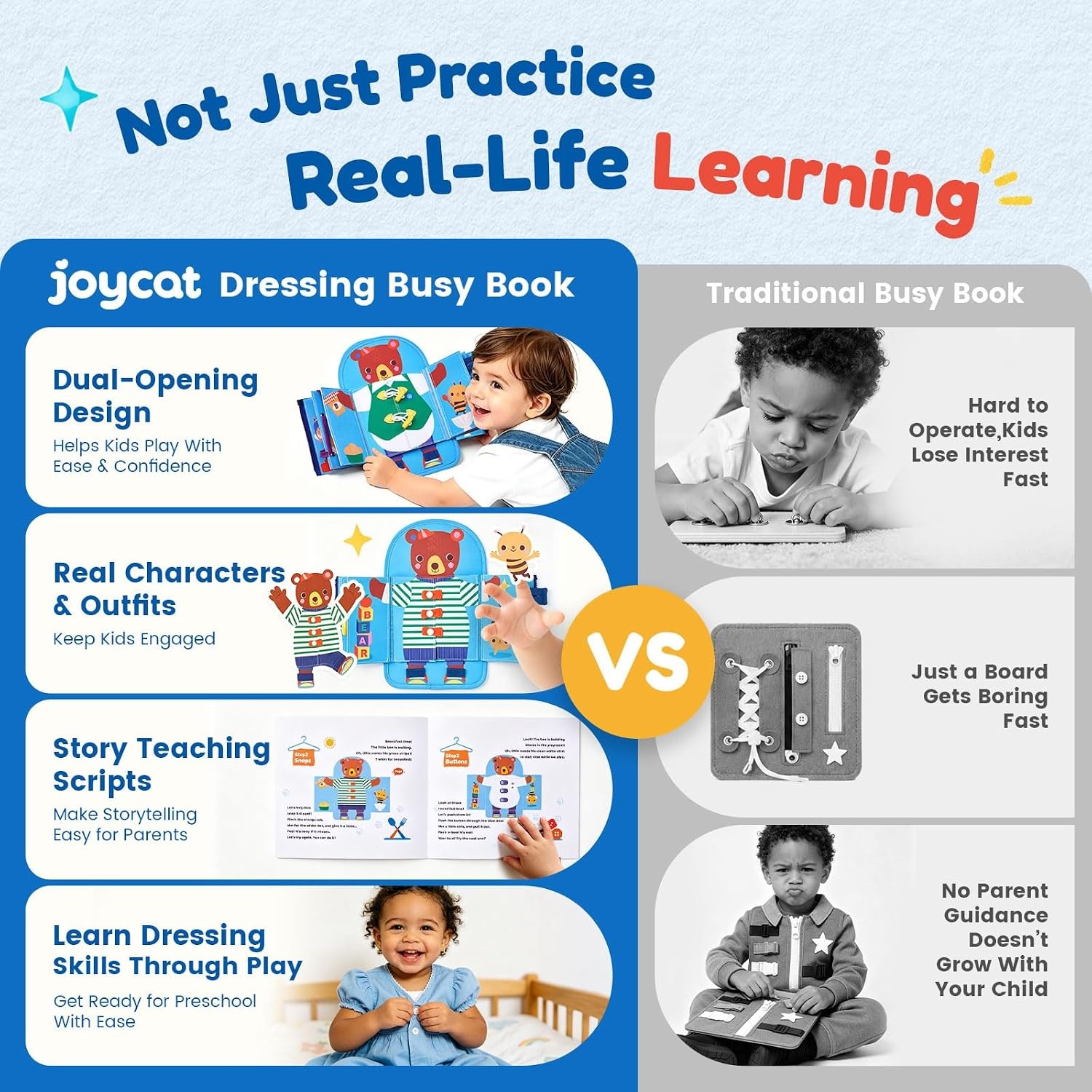 JoyCat Dressing Busy Book for Toddlers 1-3, Montessori Toy with 7 Real Dressing Skills, Fine Motor Skills Toy, Travel Toys for Toddlers, Sensory Life Skills Preschool Learning Gift