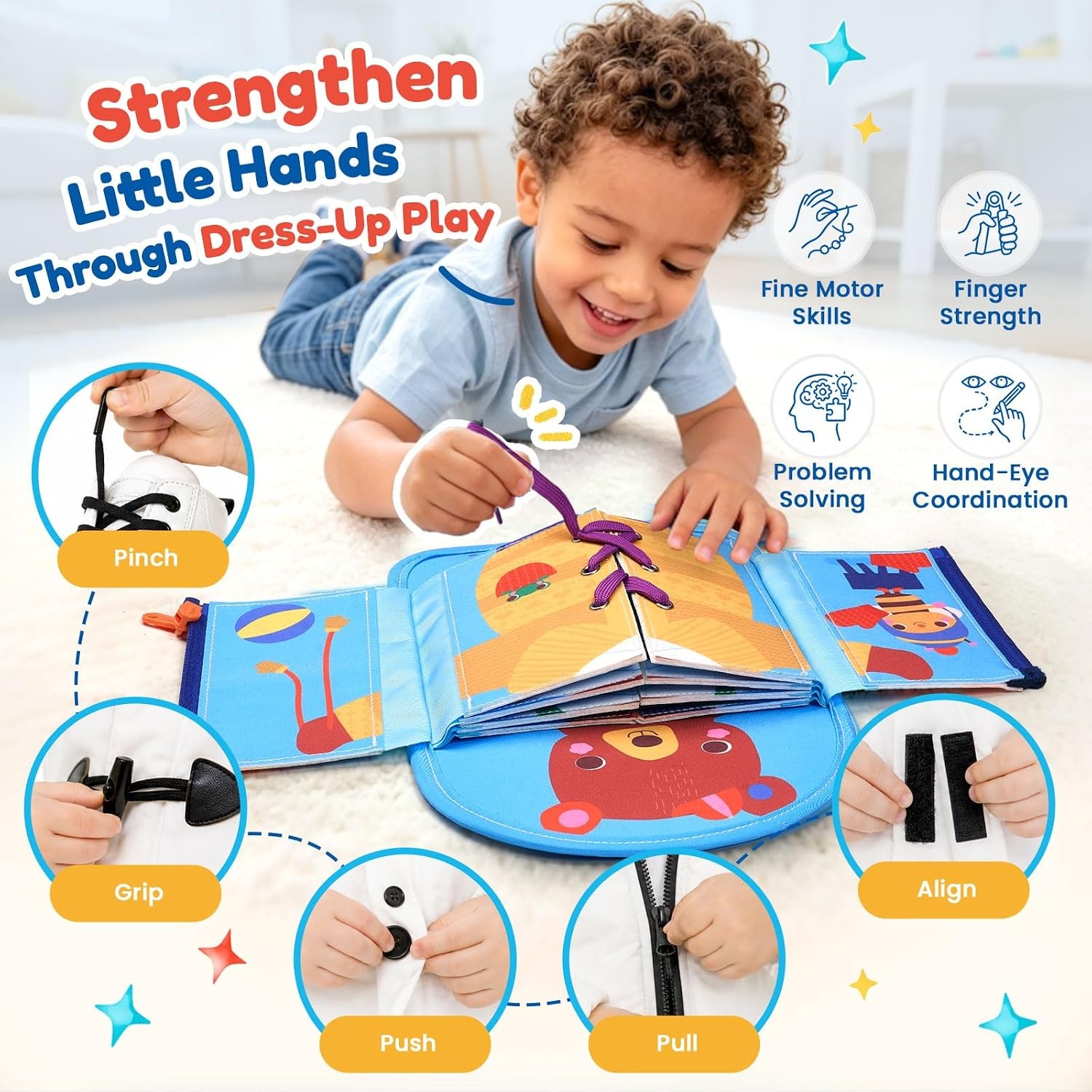 JoyCat Dressing Busy Book for Toddlers 1-3, Montessori Toy with 7 Real Dressing Skills, Fine Motor Skills Toy, Travel Toys for Toddlers, Sensory Life Skills Preschool Learning Gift