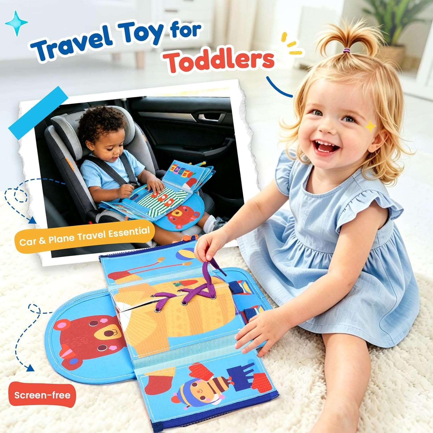 JoyCat Dressing Busy Book for Toddlers 1-3, Montessori Toy with 7 Real Dressing Skills, Fine Motor Skills Toy, Travel Toys for Toddlers, Sensory Life Skills Preschool Learning Gift