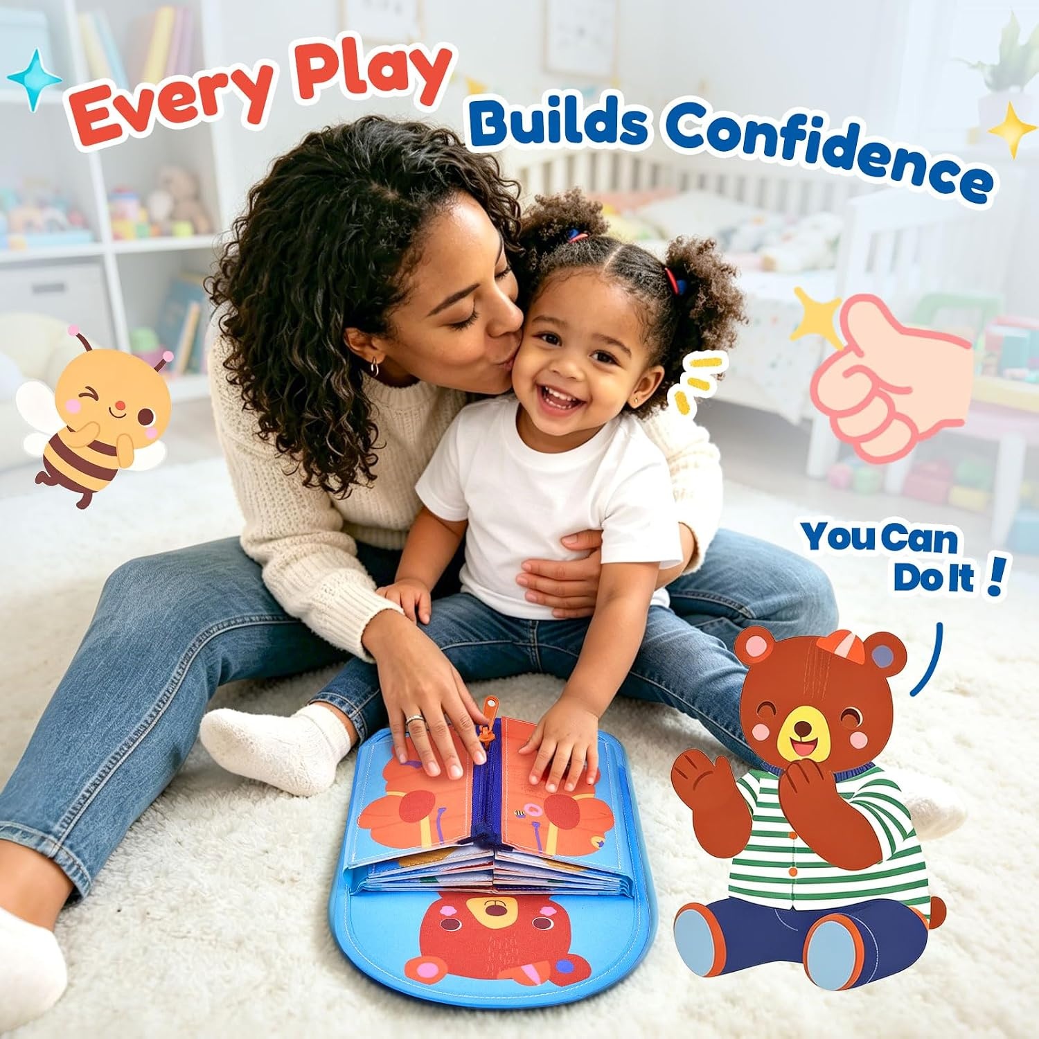 JoyCat Dressing Busy Book for Toddlers 1-3, Montessori Toy with 7 Real Dressing Skills, Fine Motor Skills Toy, Travel Toys for Toddlers, Sensory Life Skills Preschool Learning Gift