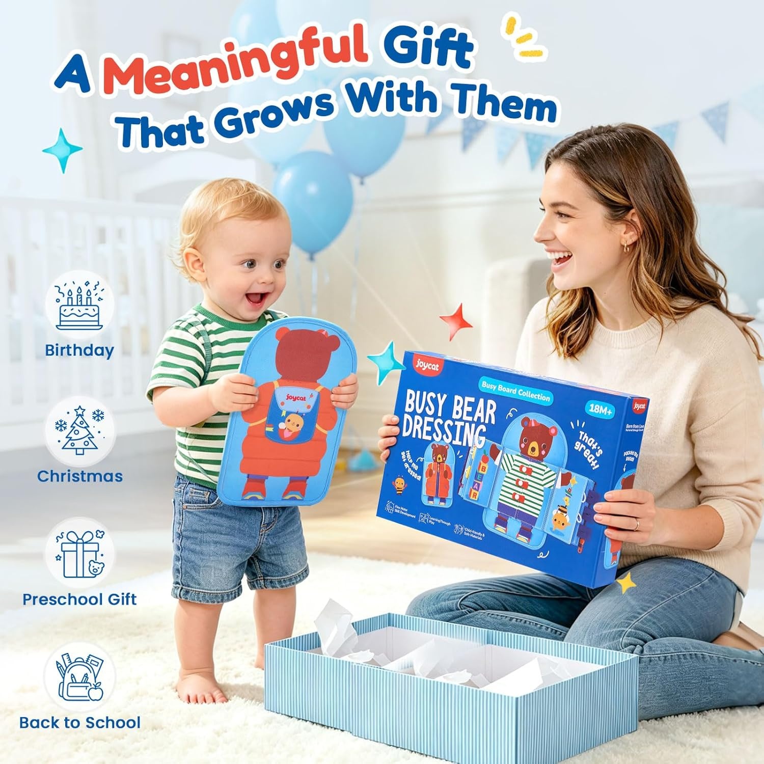 JoyCat Dressing Busy Book for Toddlers 1-3, Montessori Toy with 7 Real Dressing Skills, Fine Motor Skills Toy, Travel Toys for Toddlers, Sensory Life Skills Preschool Learning Gift
