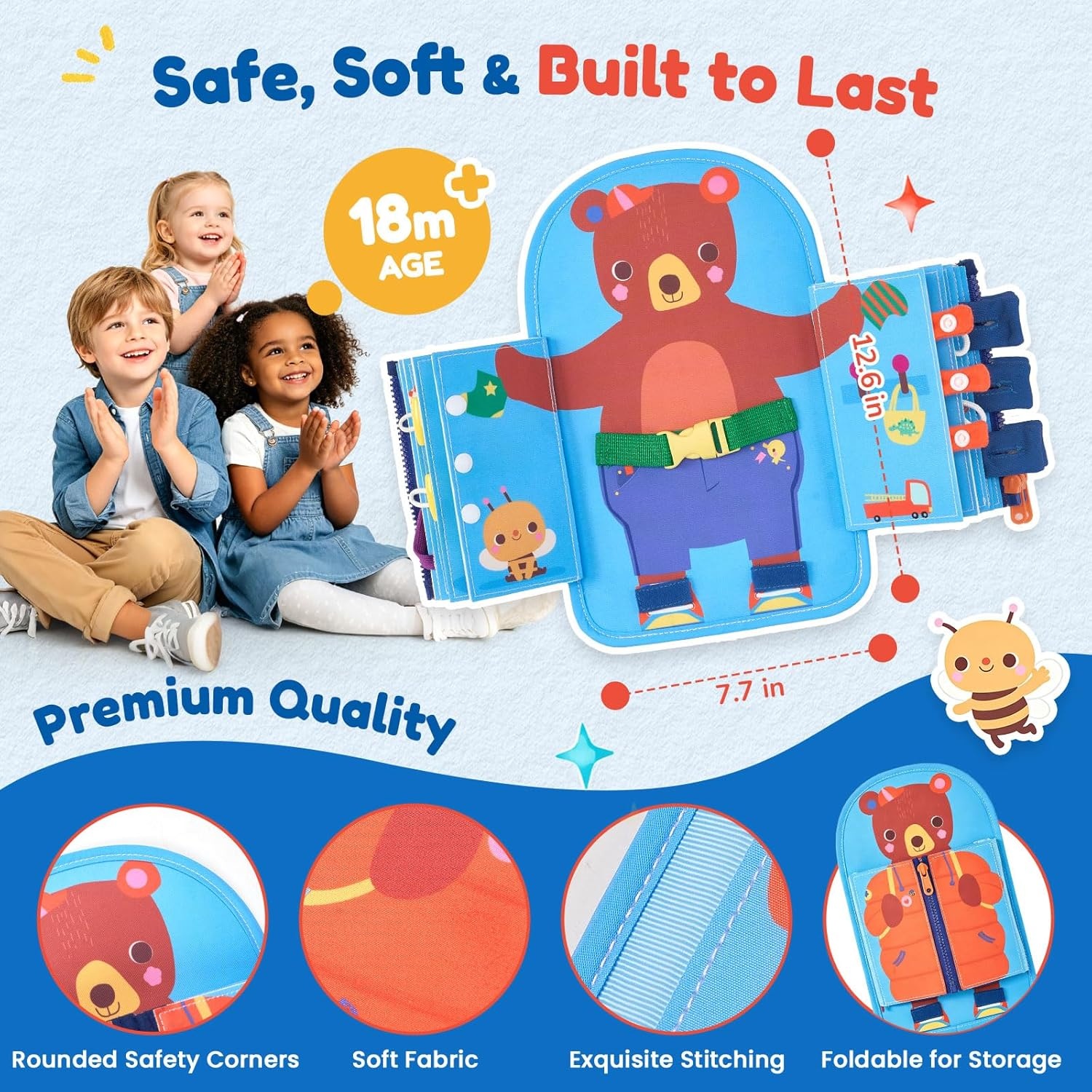 JoyCat Dressing Busy Book for Toddlers 1-3, Montessori Toy with 7 Real Dressing Skills, Fine Motor Skills Toy, Travel Toys for Toddlers, Sensory Life Skills Preschool Learning Gift