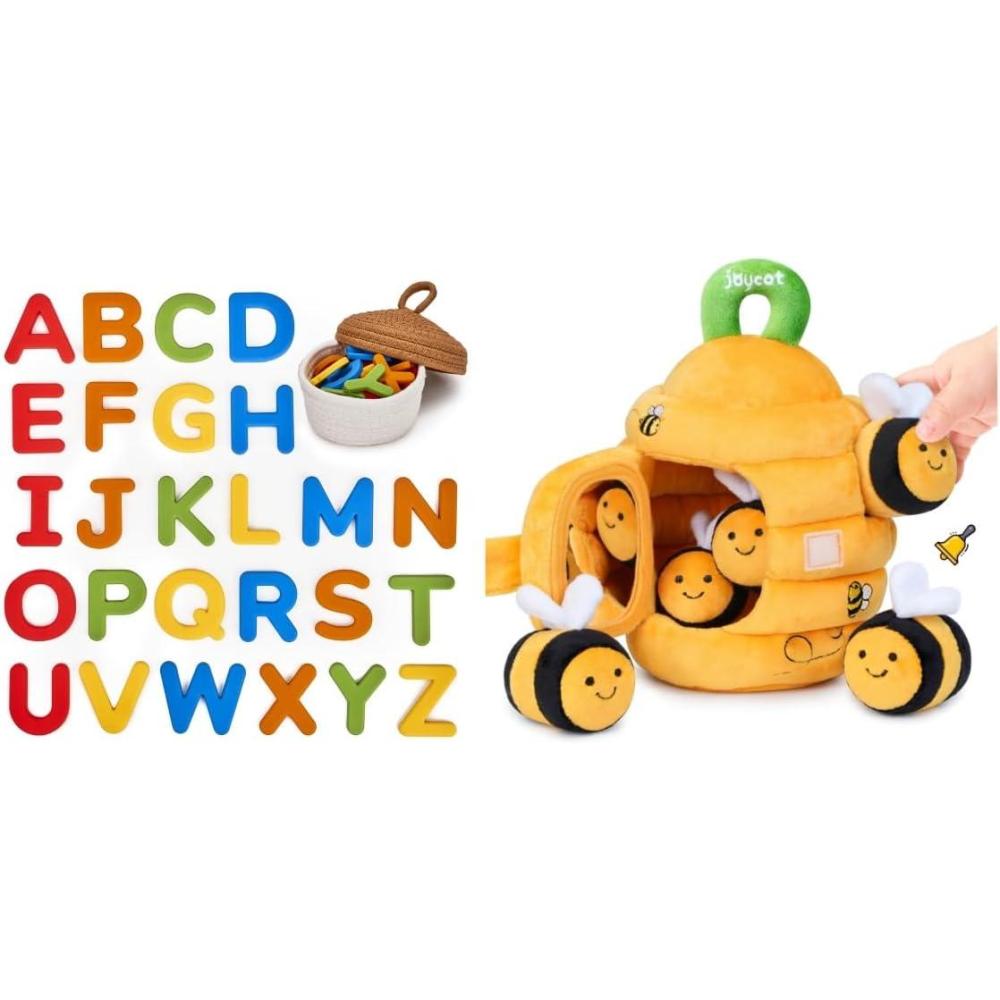 JoyCat Baby Toys 6-12 Months – Soft Baby Beehive with 5 Sensory Bees + Silicone Alphabet Magnetic Letters, 26 Uppercase ABC Fridge Magnets for Toddlers