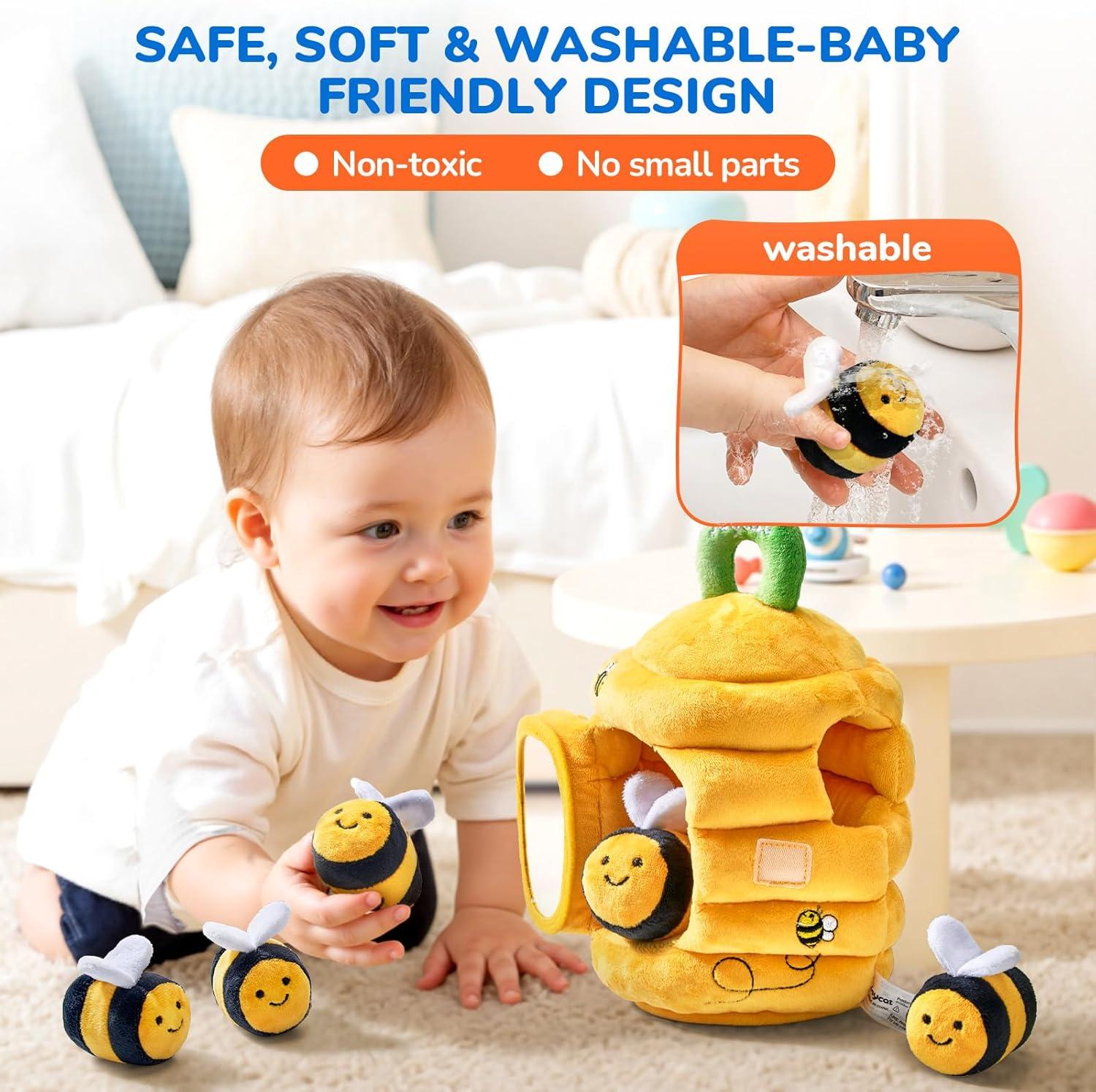 JoyCat Baby Toys 6-12 Months – Soft Baby Beehive with 5 Sensory Bees + Silicone Alphabet Magnetic Letters, 26 Uppercase ABC Fridge Magnets for Toddlers