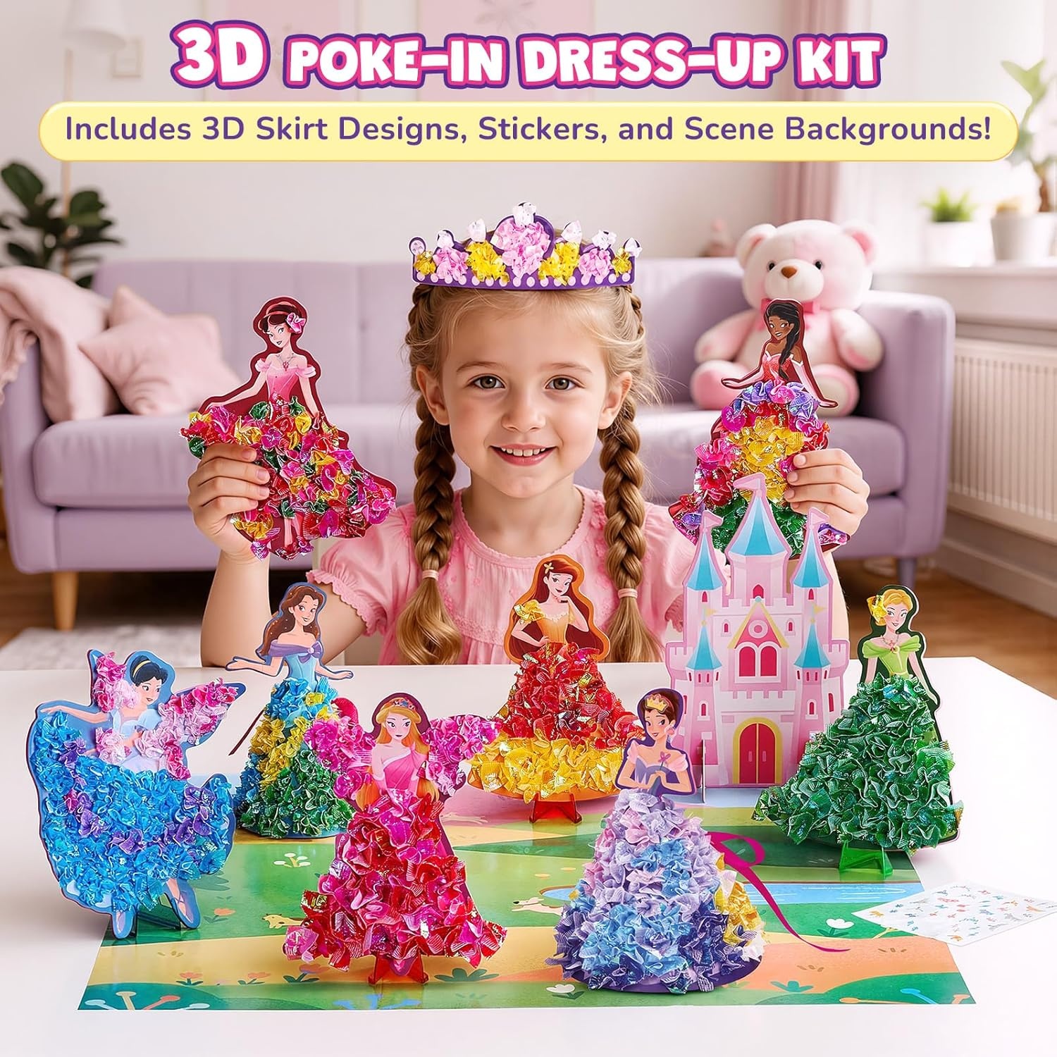 Poke-in Wind Chime Craft Kit for Kids, 3D Magical Fantasy DIY Set with Audible Wind Chime Pieces, 6 EVA Magical Figures, Mess-Free Creative Activity, Arts and Crafts & Birthday Gift for kids Age 3+(Fairy Tale Princess Kit)