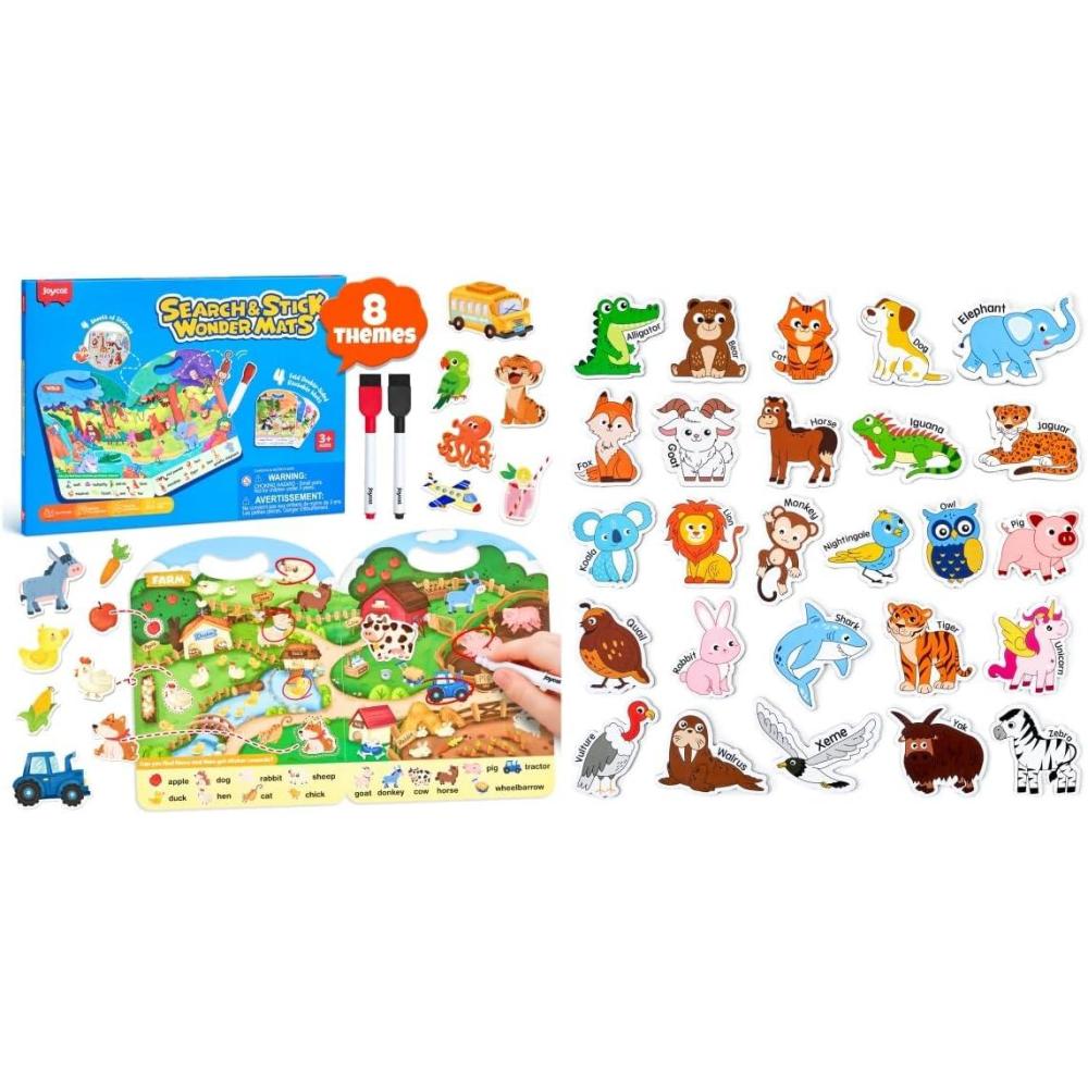 JoyCat Wooden Magnets for Kids – 26 Cute A-Z Animals Fridge Magnets for Toddlers + JoyCat Search and Find Activity Mats, Reusable Sticker Books for Toddlers with 120+ Jelly Stickers