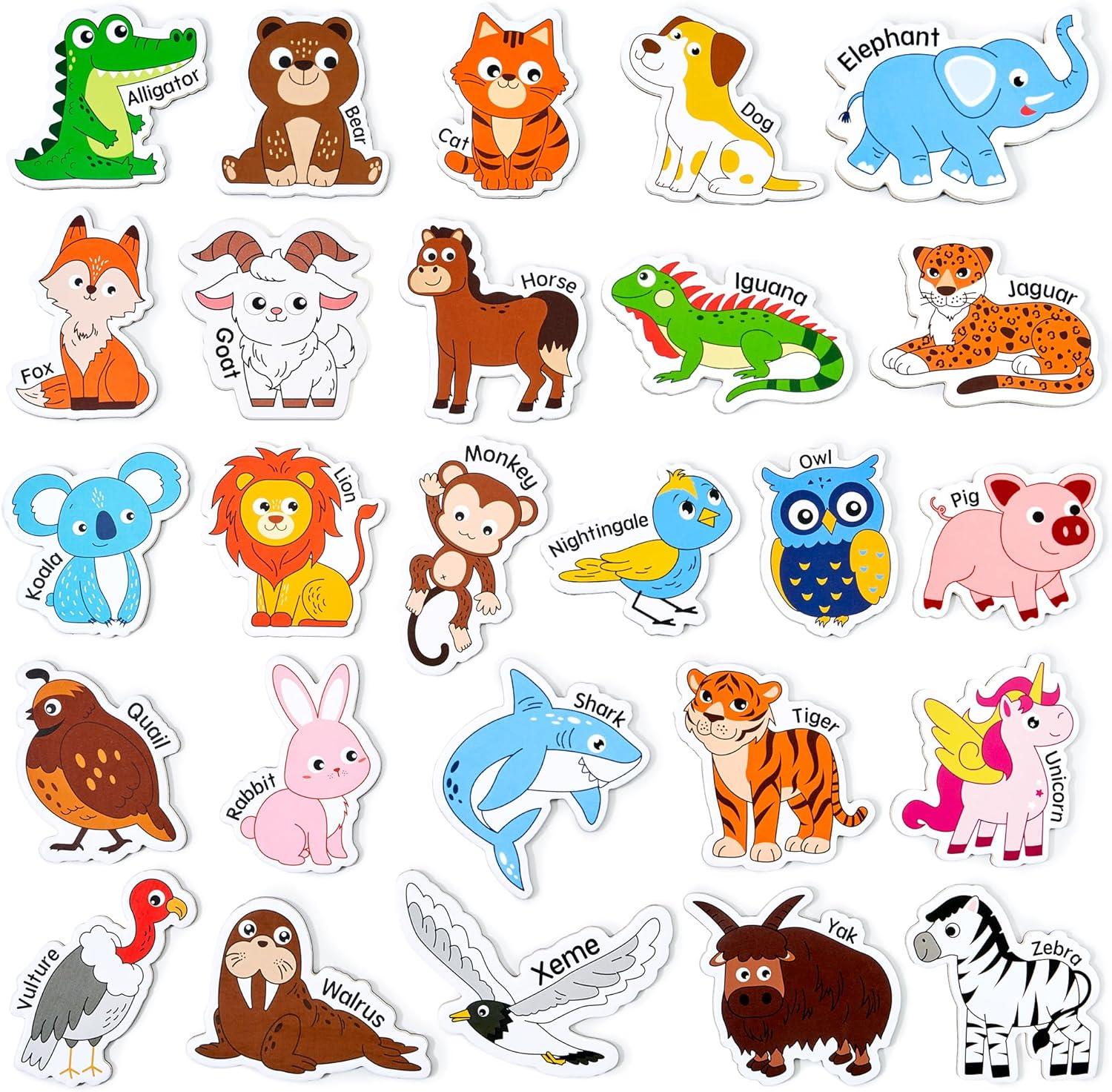 JoyCat Wooden Magnets for Kids – 26 Cute A-Z Animals Fridge Magnets for Toddlers + JoyCat Search and Find Activity Mats, Reusable Sticker Books for Toddlers with 120+ Jelly Stickers