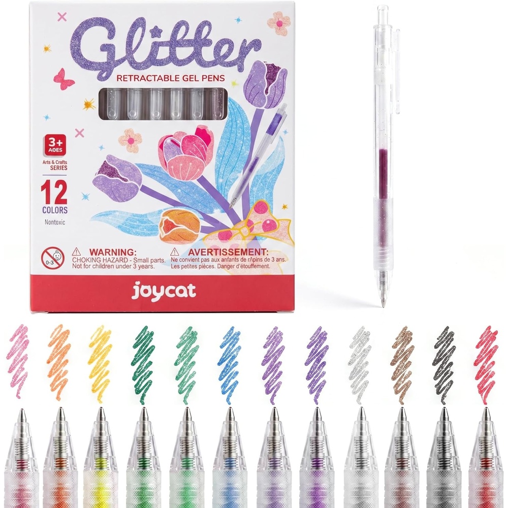 JoyCat Retractable Glitter Gel Pens, 0.8mm Fine Point Sparkle Click Pen with DIY Color Swatch Label, Cap-Free Gel Markers for Coloring, Journaling, Drawing, 48 Colors Ultimate Set with Storage Barrel(12)