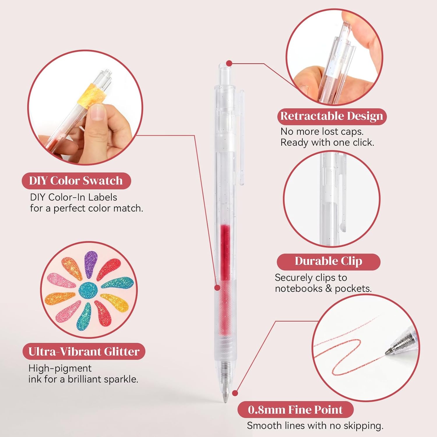 JoyCat Retractable Glitter Gel Pens, 0.8mm Fine Point Sparkle Click Pen with DIY Color Swatch Label, Cap-Free Gel Markers for Coloring, Journaling, Drawing, 48 Colors Ultimate Set with Storage Barrel(12)