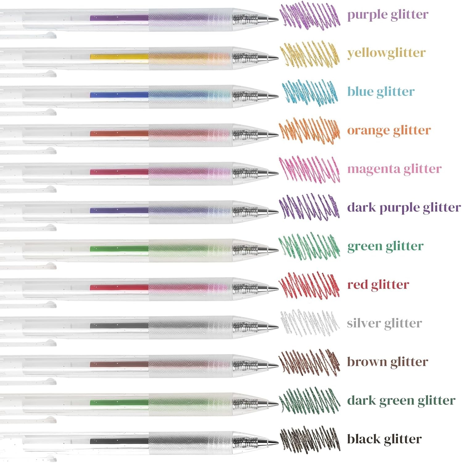 JoyCat Retractable Glitter Gel Pens, 0.8mm Fine Point Sparkle Click Pen with DIY Color Swatch Label, Cap-Free Gel Markers for Coloring, Journaling, Drawing, 48 Colors Ultimate Set with Storage Barrel(12)