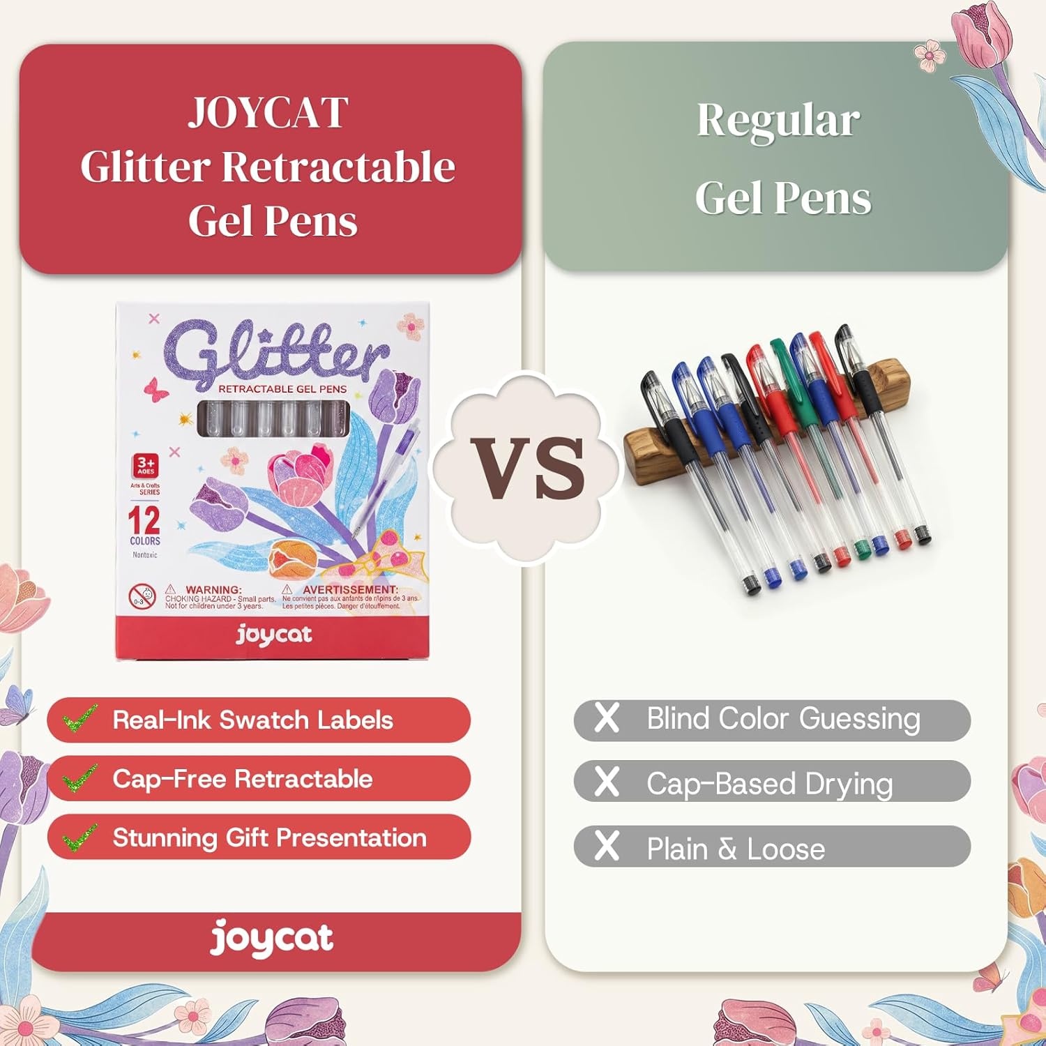 JoyCat Retractable Glitter Gel Pens, 0.8mm Fine Point Sparkle Click Pen with DIY Color Swatch Label, Cap-Free Gel Markers for Coloring, Journaling, Drawing, 48 Colors Ultimate Set with Storage Barrel(12)