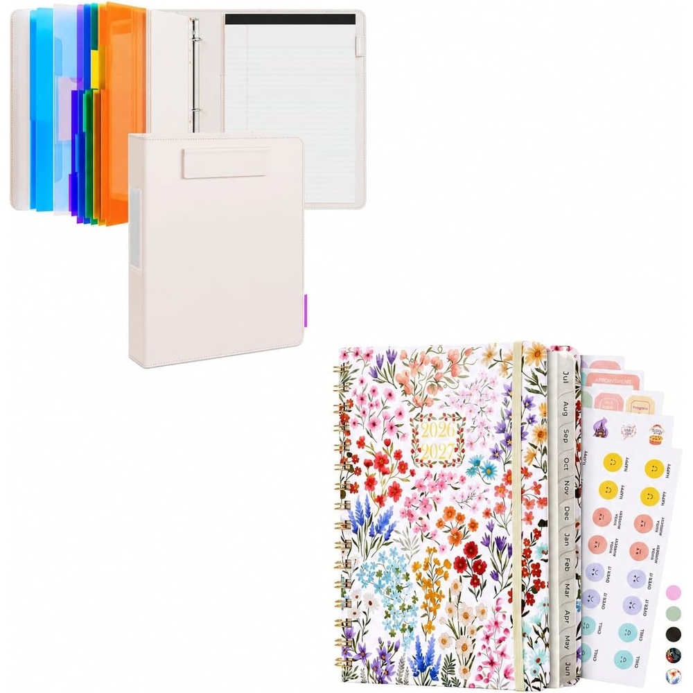 JoyCat 3 Ring Binder Beige Clipboard + A5 Wildflowers Academic Planner 2026-2027, July 2026 – June 2027, 6.3″ x 8.5″ Weekly & Monthly Planner