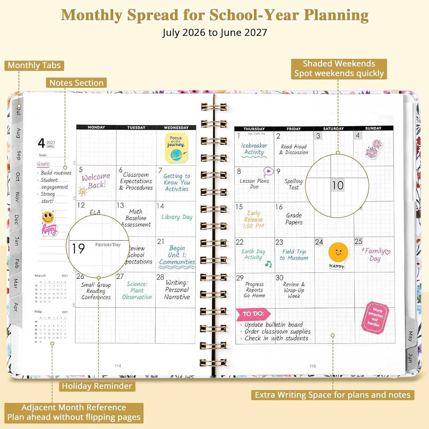 JoyCat 3 Ring Binder Beige Clipboard + A5 Wildflowers Academic Planner 2026-2027, July 2026 – June 2027, 6.3″ x 8.5″ Weekly & Monthly Planner