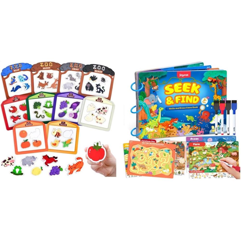 JoyCat Seek & Find Game Books – Preschool Learning Activity for Toddlers & Kids Ages 3-5 + Color Sorting Sensory Toys, 10-Piece Wooden Magnetic Color Set for Toddlers