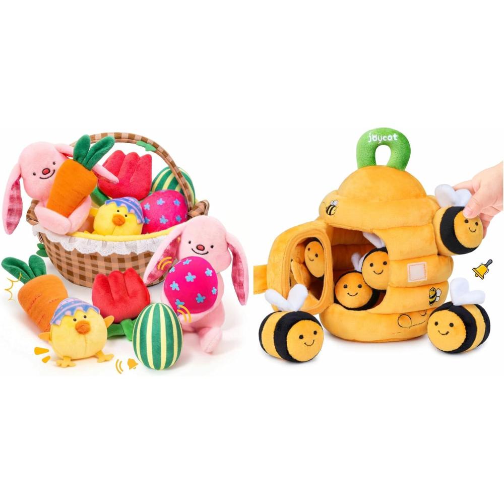 JoyCat Baby Toys 6-12 Month Baby My First Easter Basket, 6 PCS Plush Playset Stuffers with Bunny Chick Eggs Carrot Tulip Toys, Easter Party Favors Decorations Gifts Supplies for Baby Girls Boys