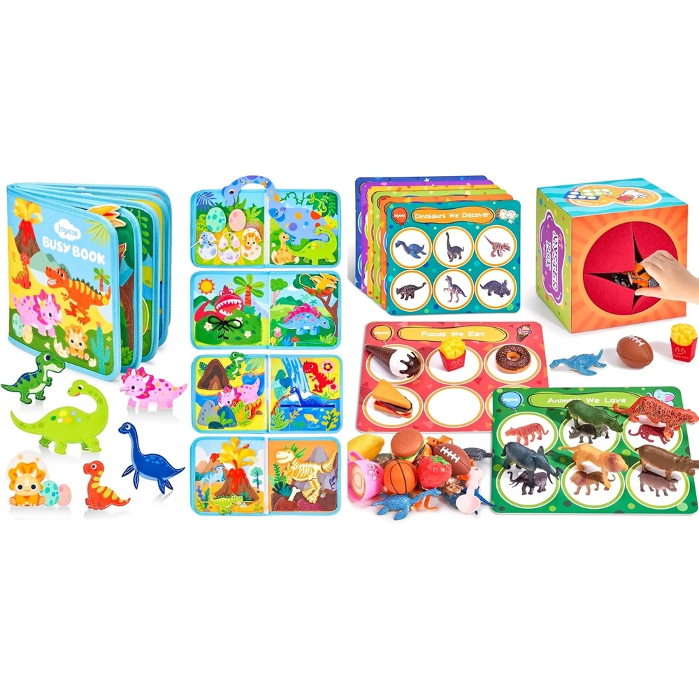 JoyCat Dinosaur Busy Book Sorting Toys with Mystery Play Box for Toddlers 3-5, Dinosaurs, Animals, Fruit, Vehicles, Balls, Food, Tools, Marine Life Learning Play Set, Preschool Activity Game