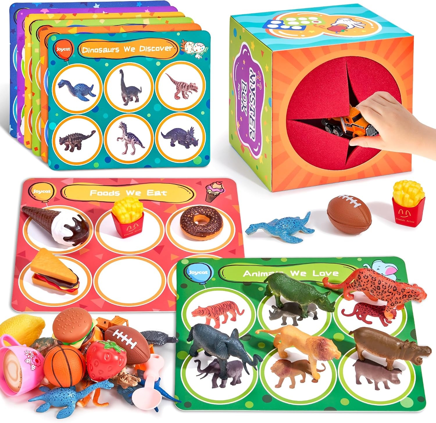 JoyCat Dinosaur Busy Book Sorting Toys with Mystery Play Box for Toddlers 3-5, Dinosaurs, Animals, Fruit, Vehicles, Balls, Food, Tools, Marine Life Learning Play Set, Preschool Activity Game