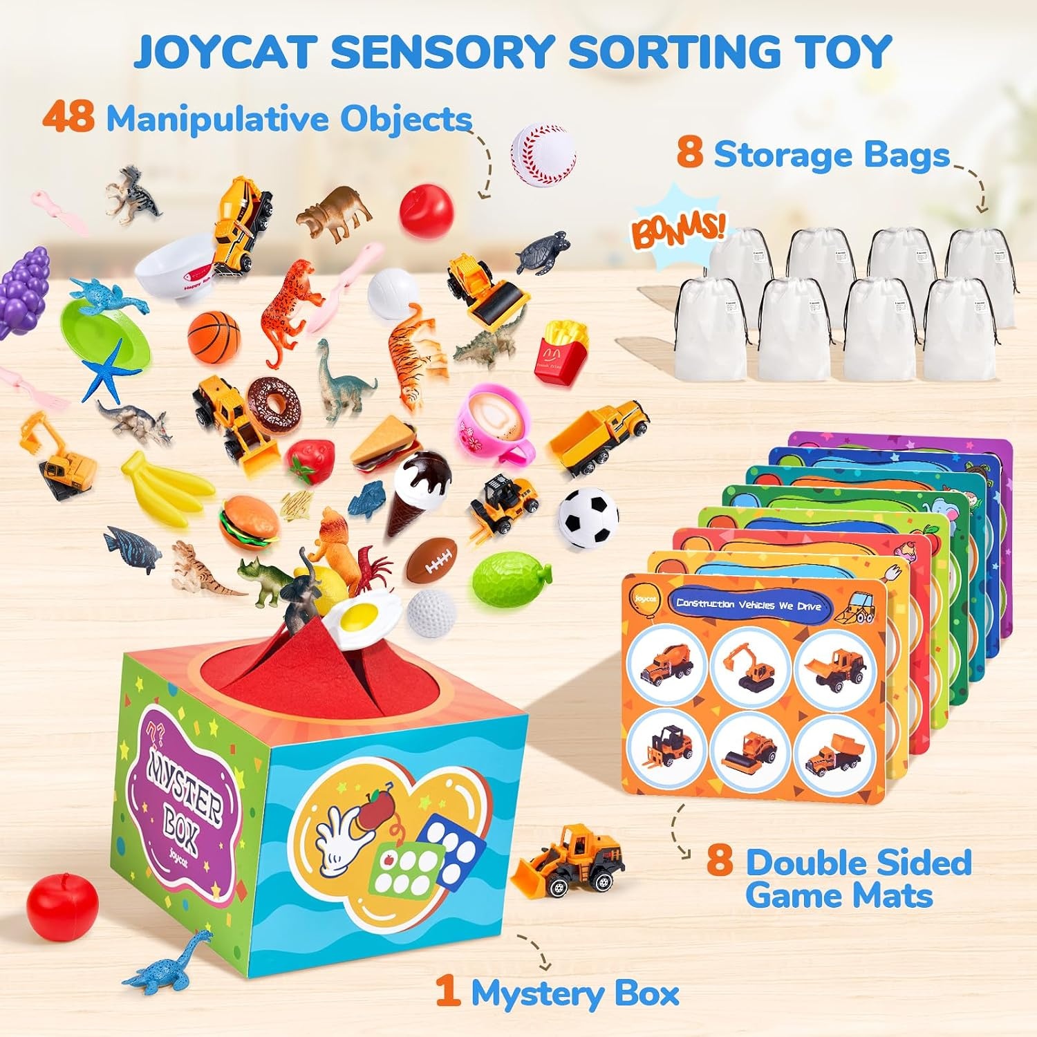 JoyCat Dinosaur Busy Book Sorting Toys with Mystery Play Box for Toddlers 3-5, Dinosaurs, Animals, Fruit, Vehicles, Balls, Food, Tools, Marine Life Learning Play Set, Preschool Activity Game