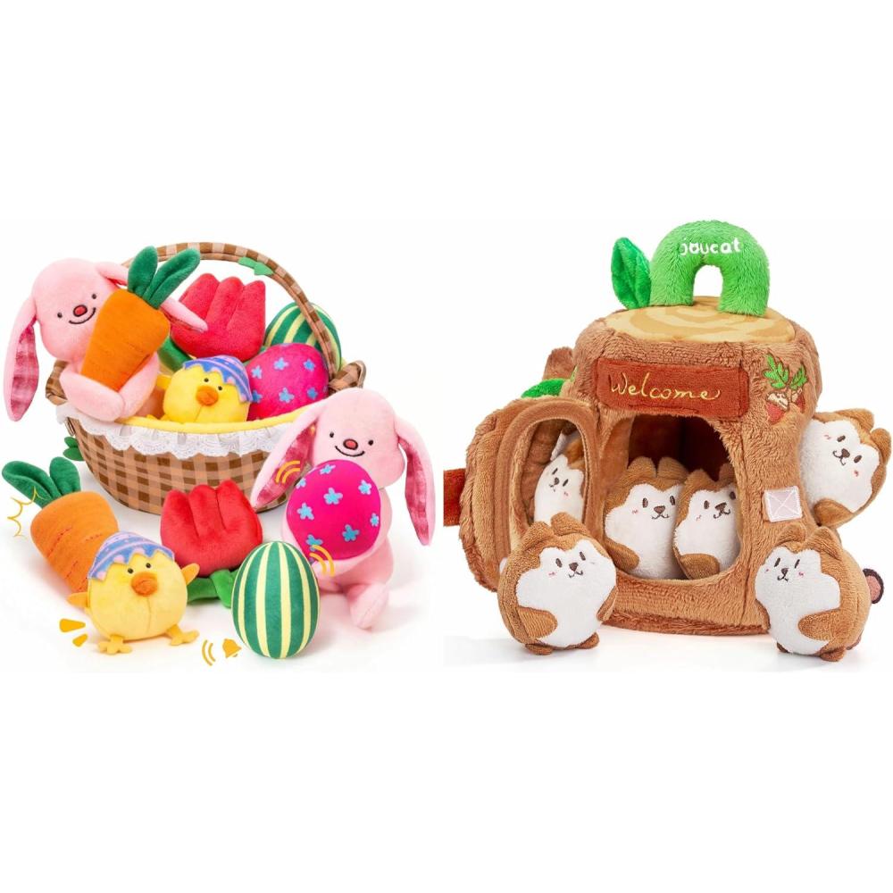 JoyCat Baby Toys 6-12 Months Baby My First Easter Basket, 6 PCS Plush Playset Stuffers with Bunny Chick Eggs Carrot Tulip Toys, Easter Party Favors Decorations Gifts Supplies for Baby Girls Boy