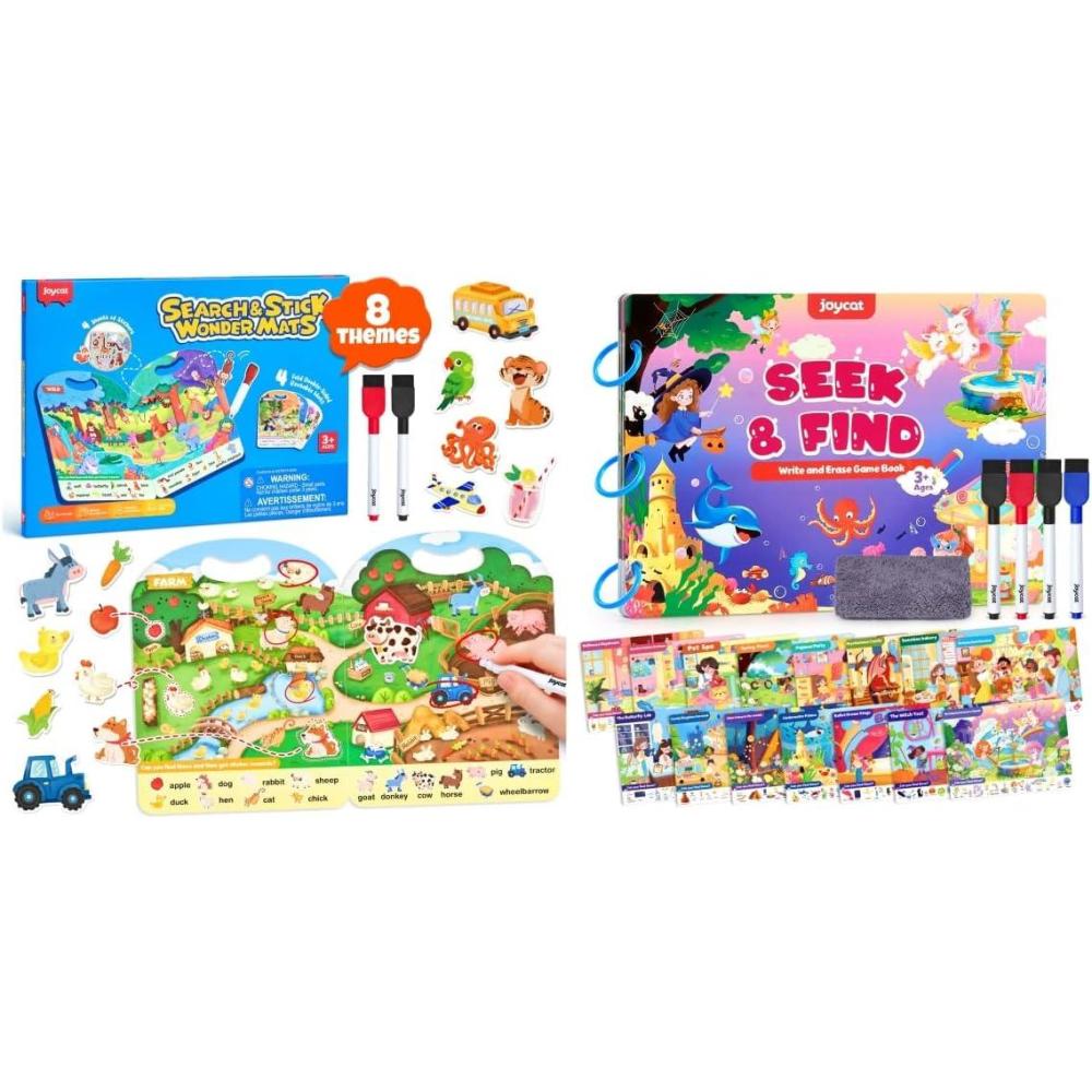 JoyCat Seek & Find Game Book, Educational Toys for Girls Ages 3-5 Search and Find Activity Mats, Reusable Sticker Books for Toddlers with 120+ Jelly Stickers