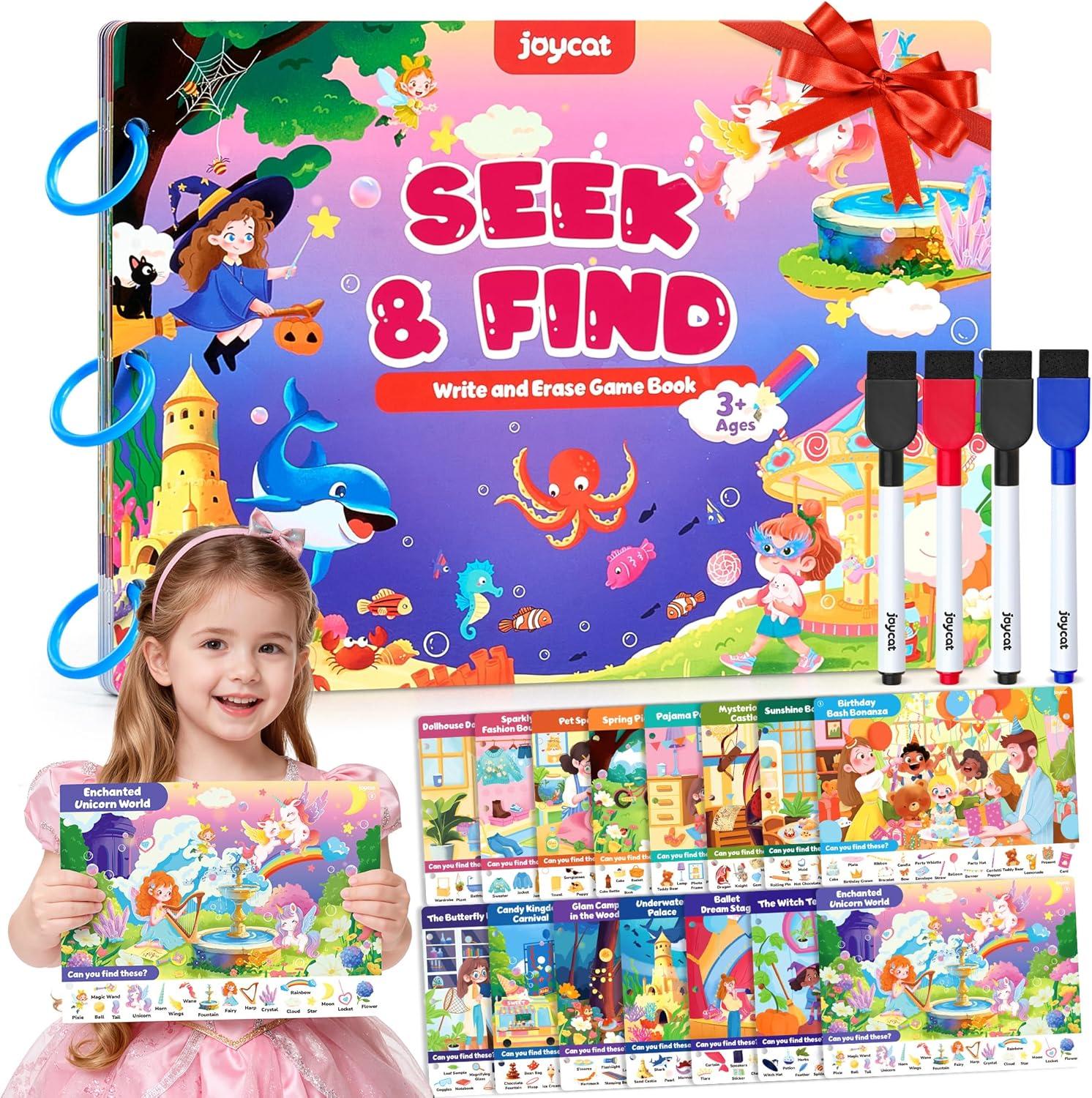 JoyCat Seek & Find Game Book, Educational Toys for Girls Ages 3-5 Search and Find Activity Mats, Reusable Sticker Books for Toddlers with 120+ Jelly Stickers