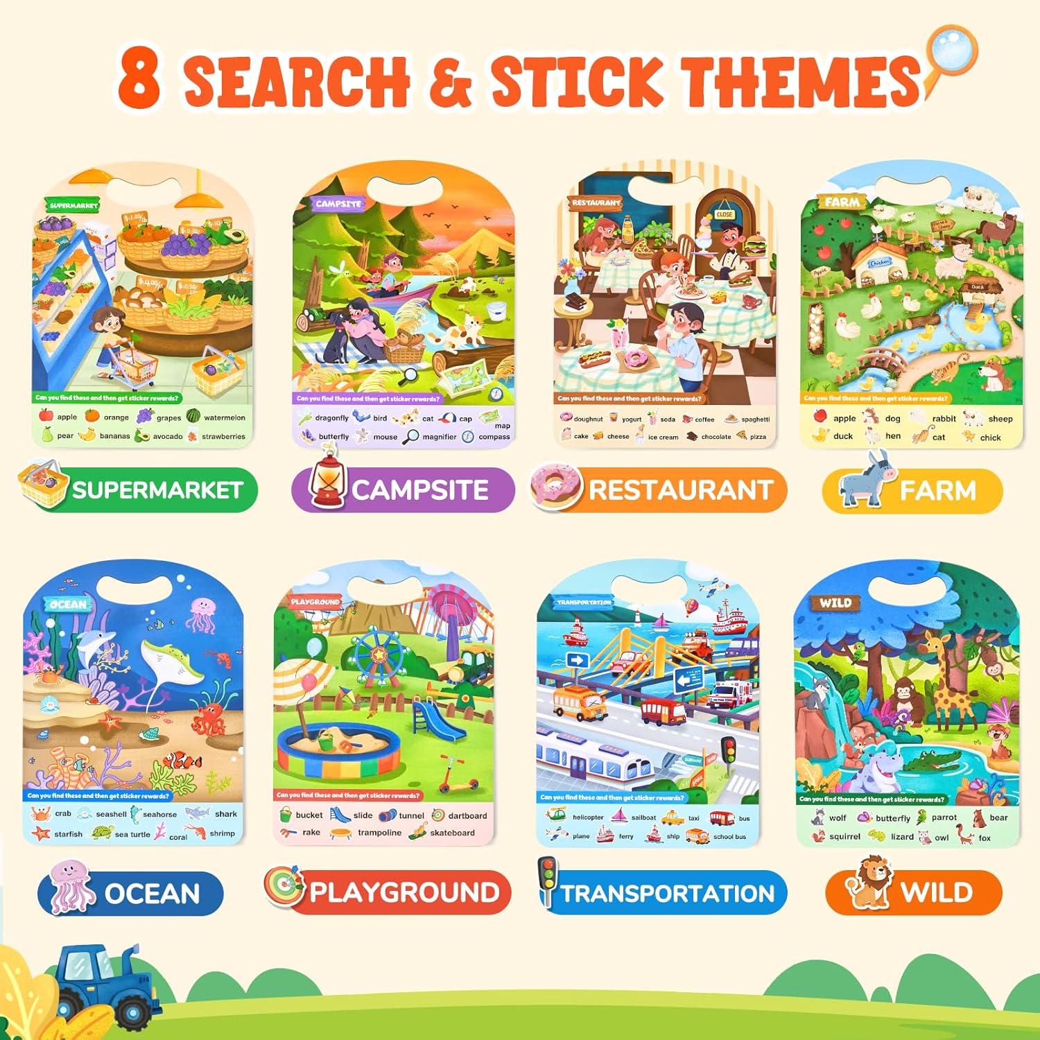 JoyCat Seek & Find Game Book – Animal Preschool Learning Activity for Toddlers & Kids Search and Find Activity Mats, Reusable Sticker Books for Toddlers with 120+ Jelly Stickers