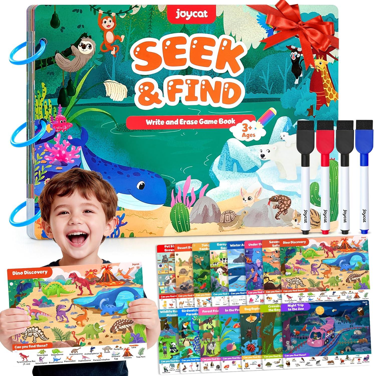 JoyCat Seek & Find Game Book – Animal Preschool Learning Activity for Toddlers & Kids Search and Find Activity Mats, Reusable Sticker Books for Toddlers with 120+ Jelly Stickers