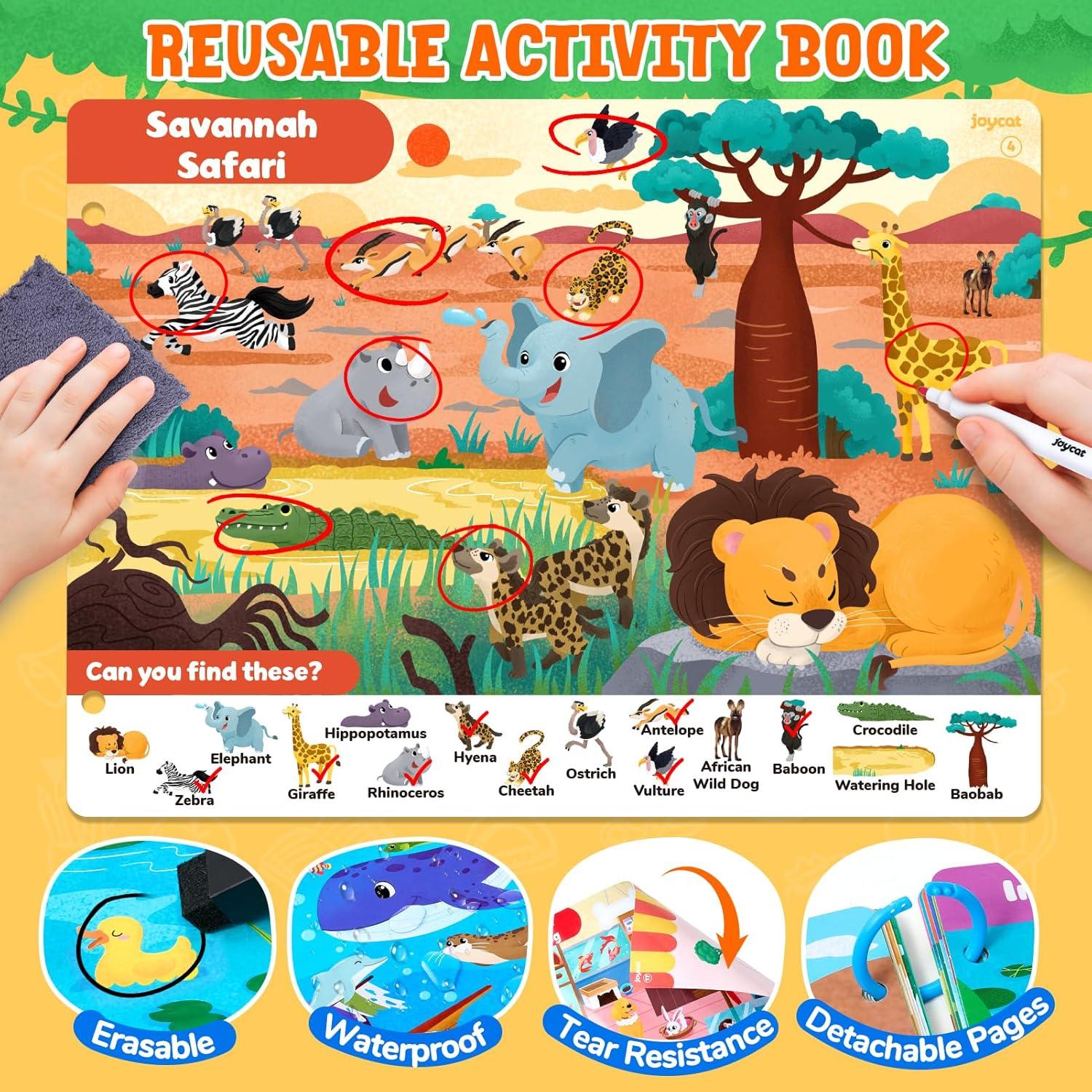 JoyCat Seek & Find Game Book – Animal Preschool Learning Activity for Toddlers & Kids Search and Find Activity Mats, Reusable Sticker Books for Toddlers with 120+ Jelly Stickers