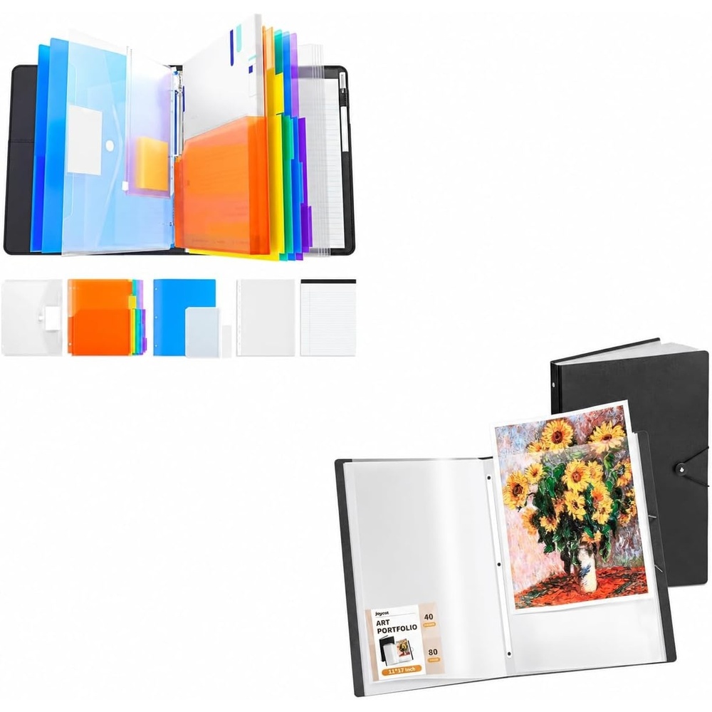 JoyCat 3 Ring Binder Black Clipboard with Storage+ Art Portfolio Binder Fits 11″x17″,40 Pockets Art Folder, 80 Sheets Presentation Binder