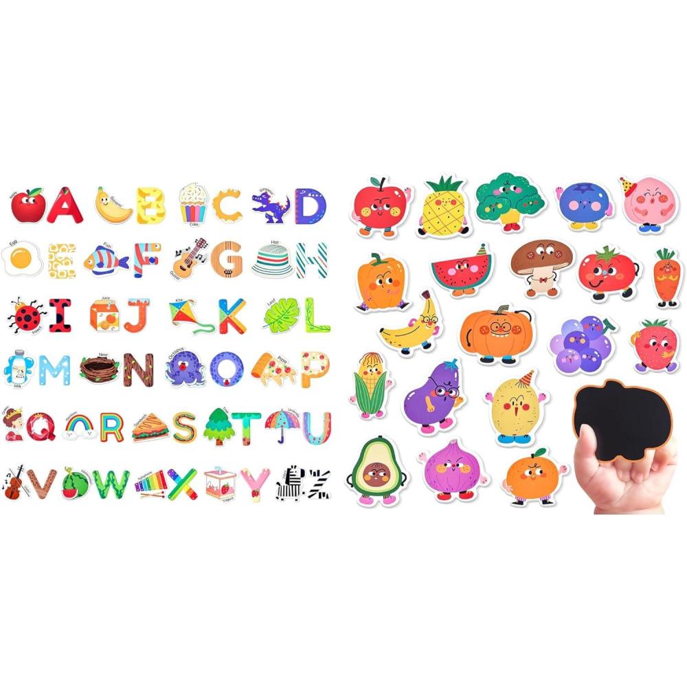 JoyCat Wooden Fridge Magnets for Toddlers-Objects & Uppercase Letters & Fruits & Vegetables Food Cartoon Magnets