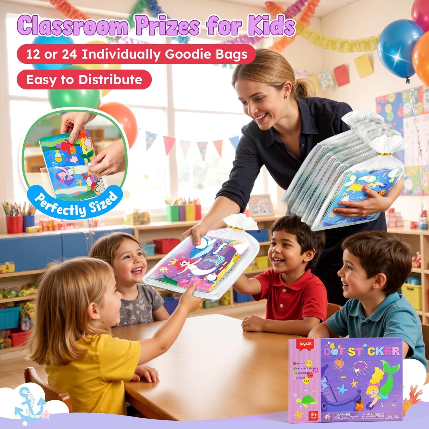 JoyCat 24 Pack Ocean Dot Art Craft Kits for Kids Party Favors, Mess-Free Dot Sticker Activity Set with 4800+ Stickers & Goodie Bags, Sea Animal Classroom Prizes, Goodie Bag Stuffers Ages 3-8(Mermaid)