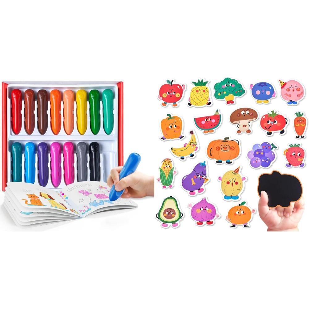 JoyCat 16 Colors Jumbo Crayons & Wooden Fridge Magnets for Toddlers