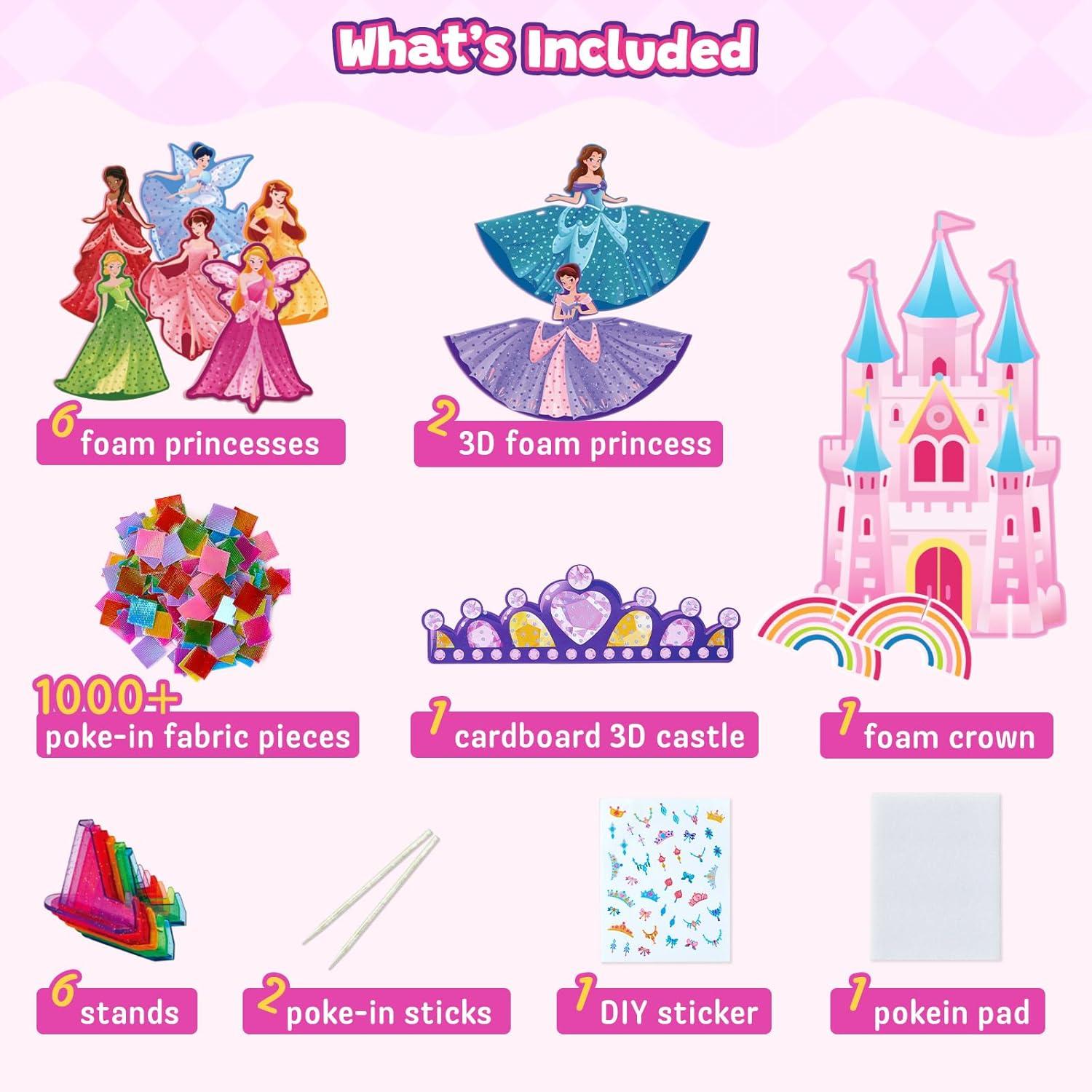 Poke-in Craft Kit for Girls, 3D Castle Princess Dress Up DIY Set with Fairy Tale Castle Scene, Paper Craft Kits, Mess-Free Creative Activity, Arts and Crafts & Birthday Gift for Girls Age 4-8 Year Old(Fairy Tale Princess Kit)