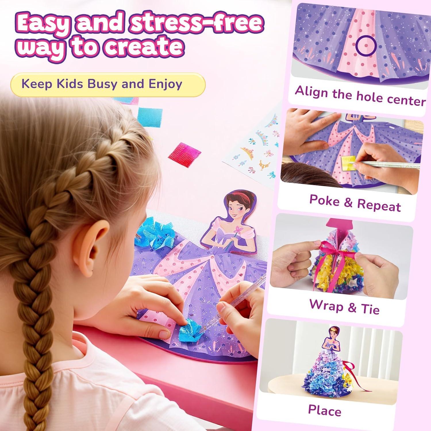 Poke-in Craft Kit for Girls, 3D Castle Princess Dress Up DIY Set with Fairy Tale Castle Scene, Paper Craft Kits, Mess-Free Creative Activity, Arts and Crafts & Birthday Gift for Girls Age 4-8 Year Old(Fairy Tale Princess Kit)