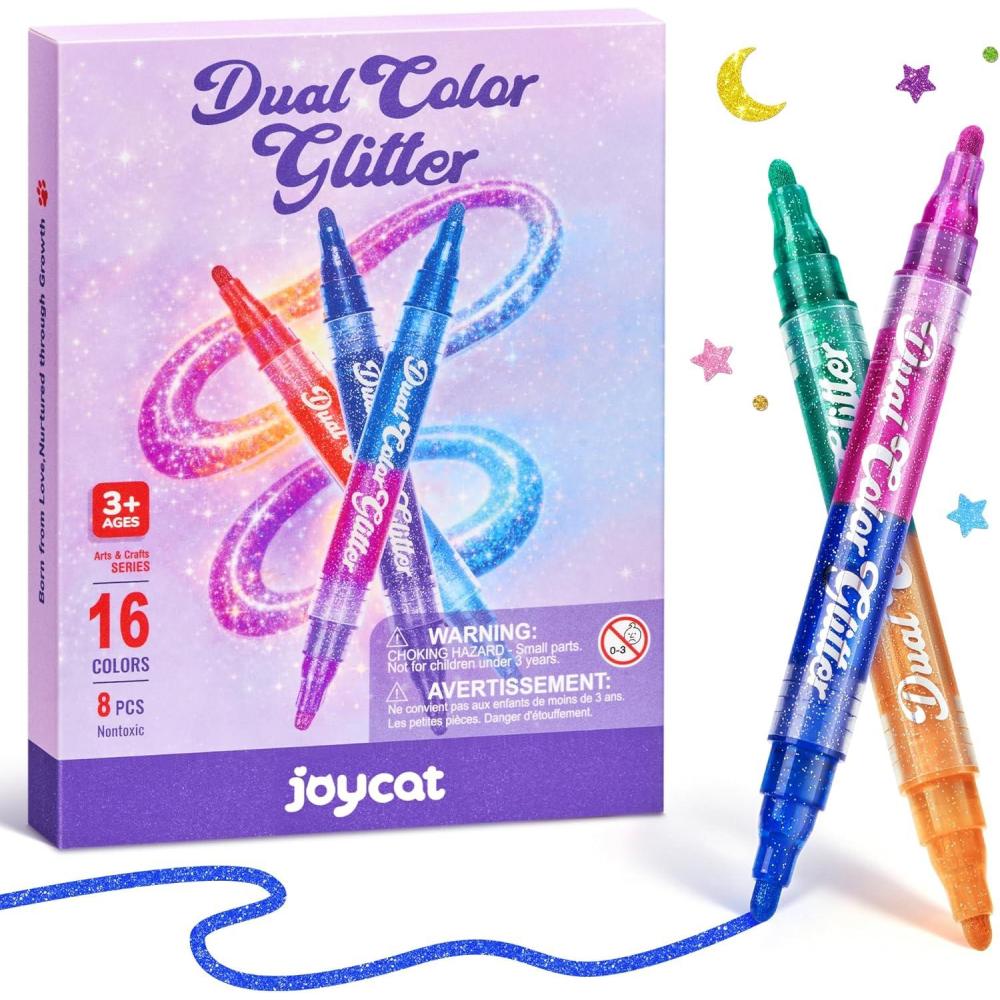 JoyCat Dual Tip Glitter Markers, 16 Colors in 8 Pens with Reversible Rigid Brush & Fine Tips, 3ml Jumbo Ink Paint Pens for Rock Painting, Glass, Wood, Kids Craft, Thickened Barrel & Gift Box