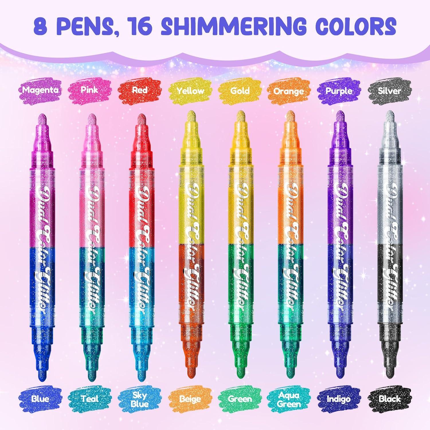 JoyCat Dual Tip Glitter Markers, 16 Colors in 8 Pens with Reversible Rigid Brush & Fine Tips, 3ml Jumbo Ink Paint Pens for Rock Painting, Glass, Wood, Kids Craft, Thickened Barrel & Gift Box
