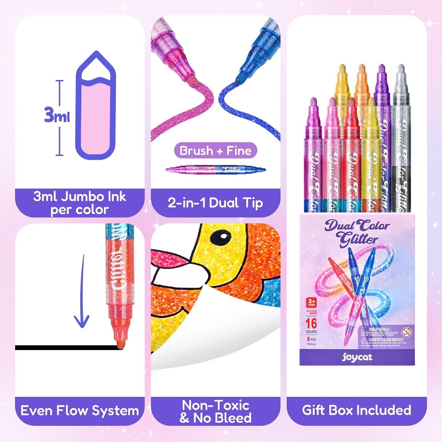 JoyCat Dual Tip Glitter Markers, 16 Colors in 8 Pens with Reversible Rigid Brush & Fine Tips, 3ml Jumbo Ink Paint Pens for Rock Painting, Glass, Wood, Kids Craft, Thickened Barrel & Gift Box