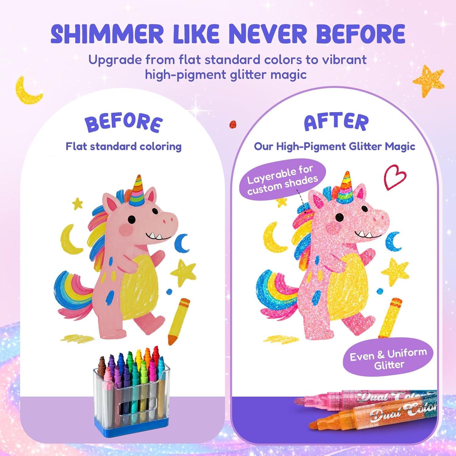 JoyCat Dual Tip Glitter Markers, 16 Colors in 8 Pens with Reversible Rigid Brush & Fine Tips, 3ml Jumbo Ink Paint Pens for Rock Painting, Glass, Wood, Kids Craft, Thickened Barrel & Gift Box