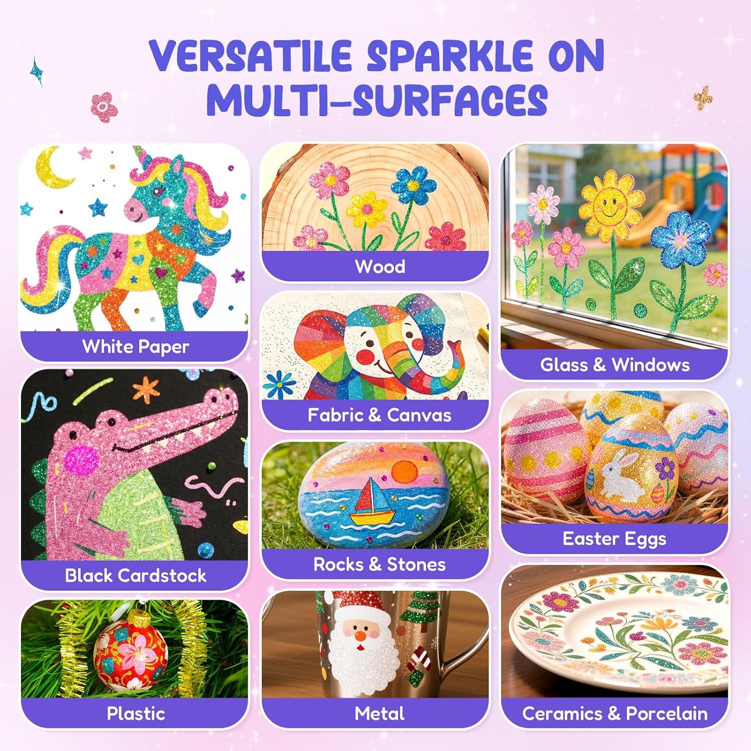 JoyCat Dual Tip Glitter Markers, 16 Colors in 8 Pens with Reversible Rigid Brush & Fine Tips, 3ml Jumbo Ink Paint Pens for Rock Painting, Glass, Wood, Kids Craft, Thickened Barrel & Gift Box