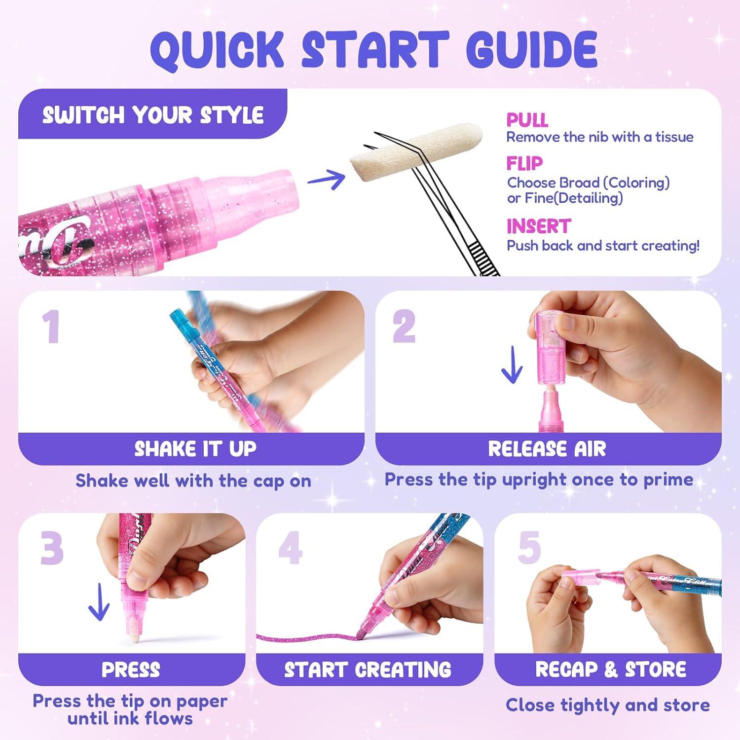 JoyCat Dual Tip Glitter Markers, 16 Colors in 8 Pens with Reversible Rigid Brush & Fine Tips, 3ml Jumbo Ink Paint Pens for Rock Painting, Glass, Wood, Kids Craft, Thickened Barrel & Gift Box