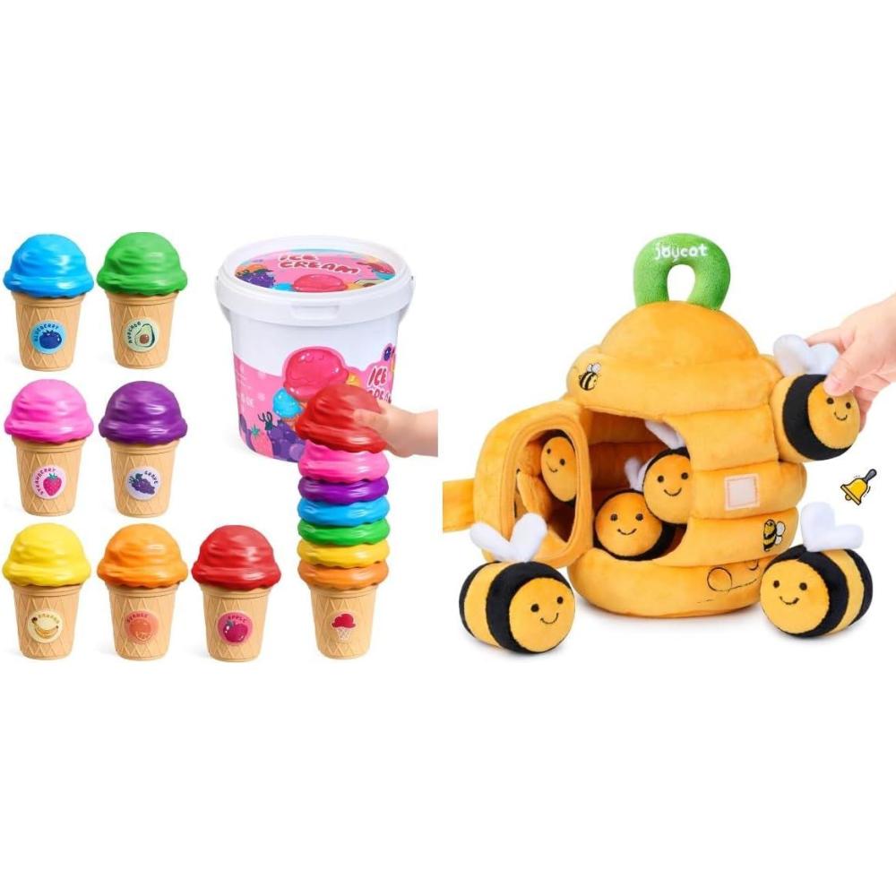 JOYCAT Ice Cream Toys, Color Recognition Stacking Play Set with 7 Matching Cones & Scoops, Pretend Play Food for Kids +Soft Baby Beehive with 5 Sensory Bees