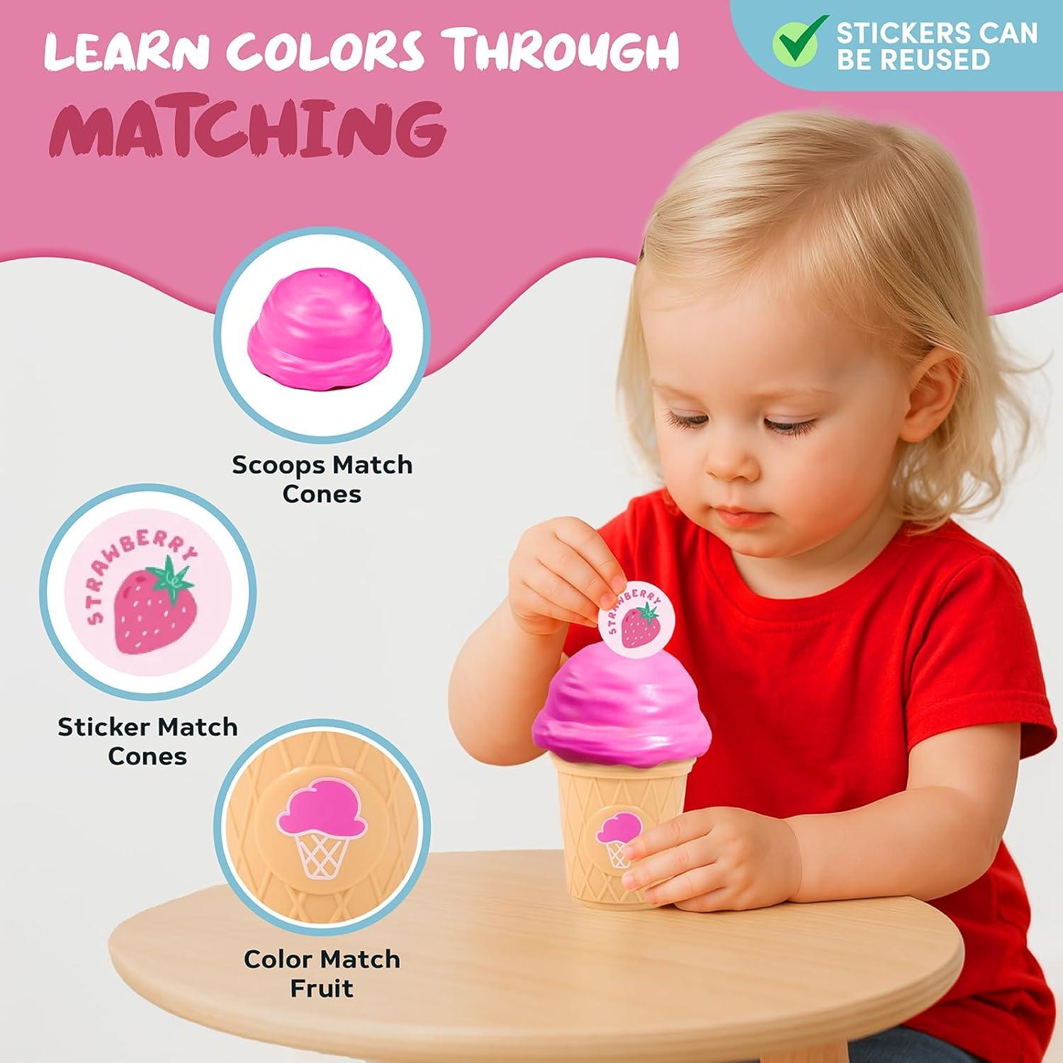 JOYCAT Ice Cream Toys, Color Recognition Stacking Play Set with 7 Matching Cones & Scoops, Pretend Play Food for Kids +Soft Baby Beehive with 5 Sensory Bees